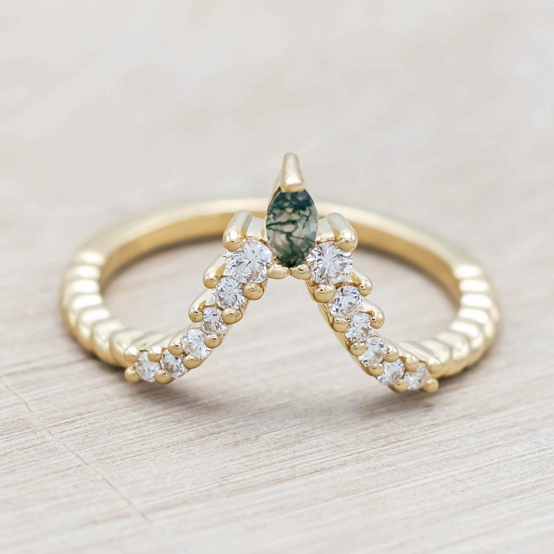 "SHIMMERING SAGE" - BRIDAL SUITE - KITE CUT MOSS AGATE ENGAGEMENT RING WITH MARQUISE MOSS AGATE ACCENTS & A DIAMOND TRACER-Staghead Designs