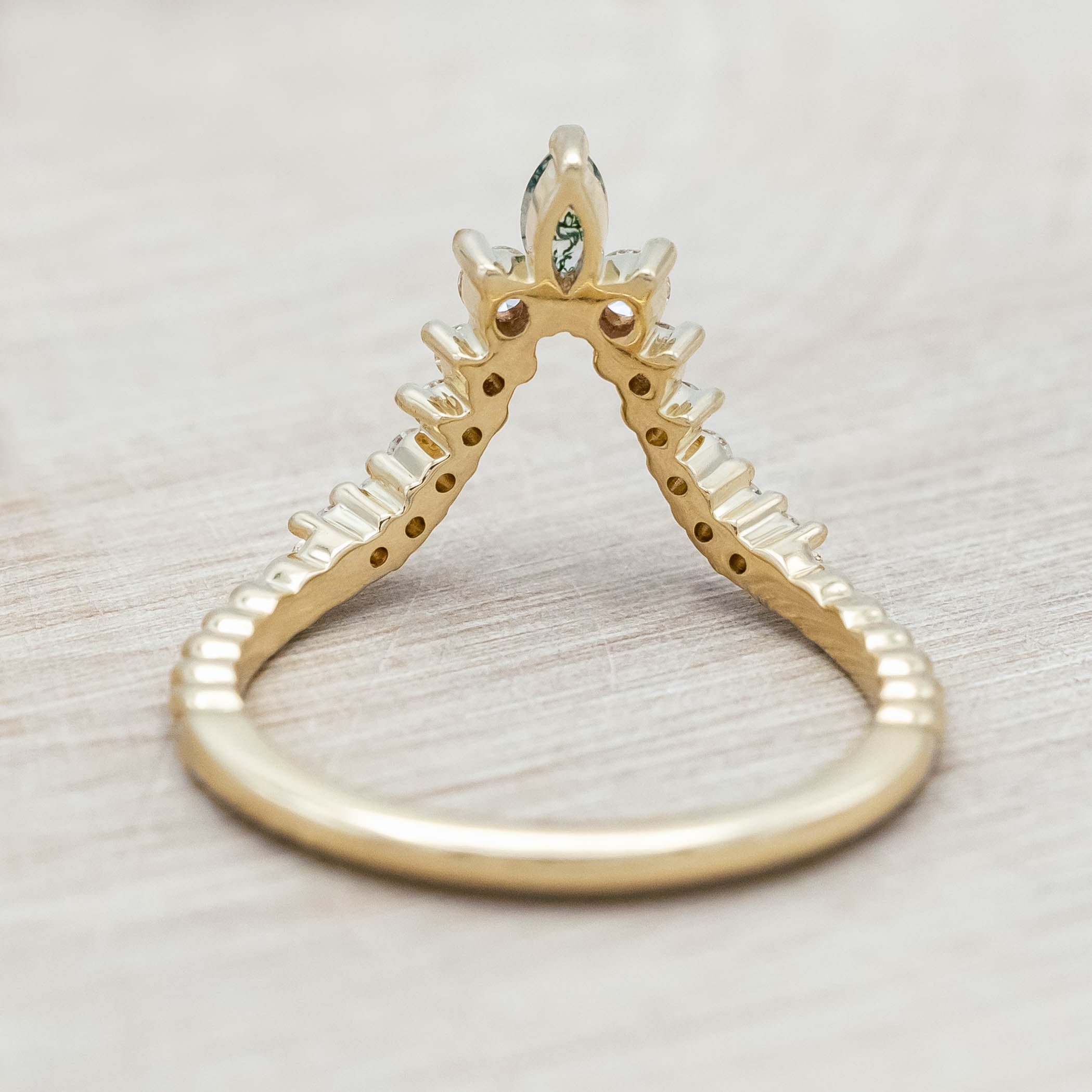 "SHIMMERING SAGE" - BRIDAL SUITE - KITE CUT MOSS AGATE ENGAGEMENT RING WITH MARQUISE MOSS AGATE ACCENTS & A DIAMOND TRACER-Staghead Designs