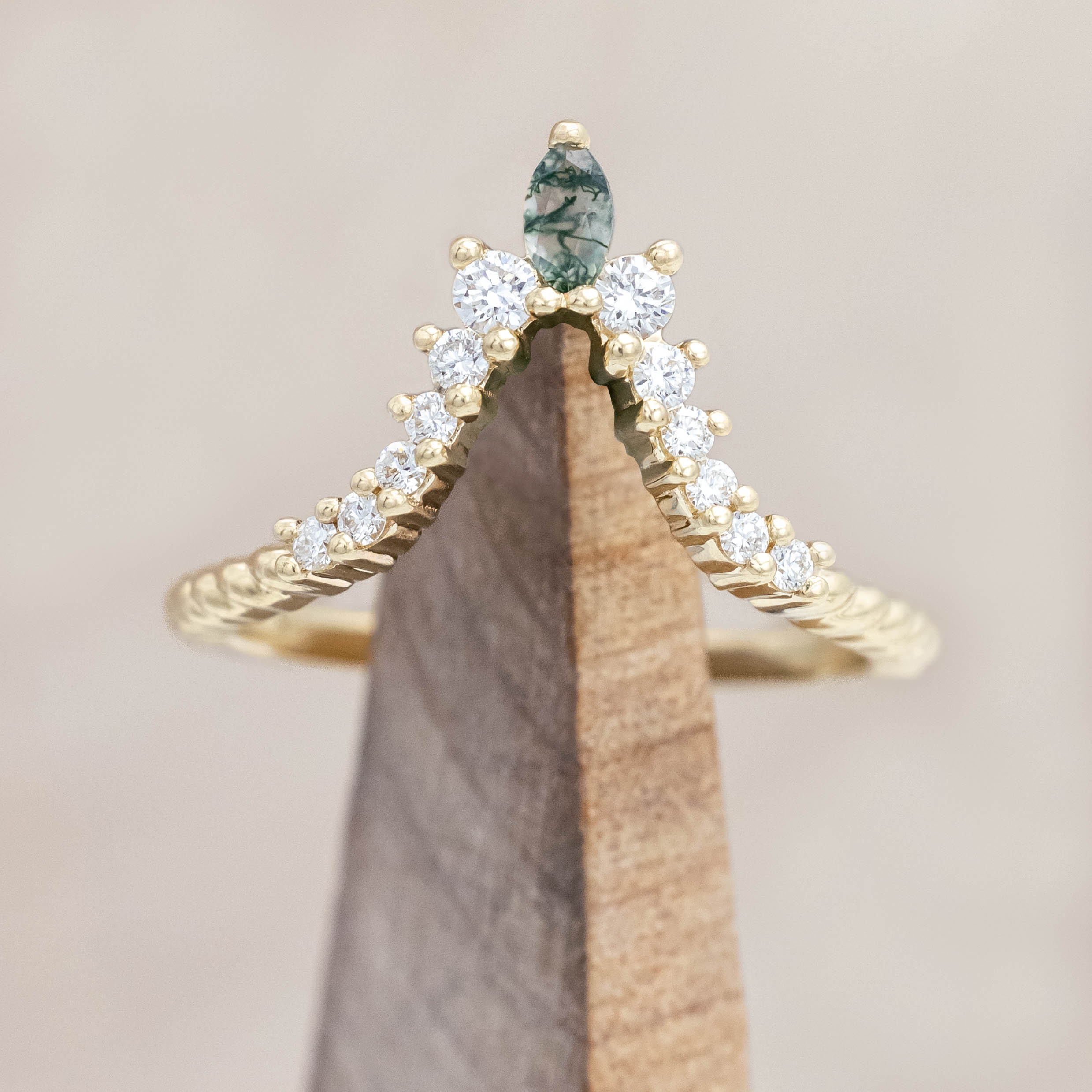 "SHIMMERING SAGE" - BRIDAL SUITE - KITE CUT MOSS AGATE ENGAGEMENT RING WITH MARQUISE MOSS AGATE ACCENTS & A DIAMOND TRACER-Staghead Designs