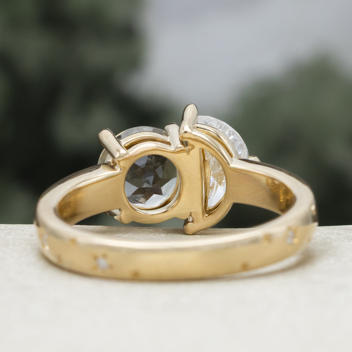 "Sidra" - Toi Et Moi Green Prasiolite Engagement Ring With Crescent Moon Moissanite-Staghead Designs