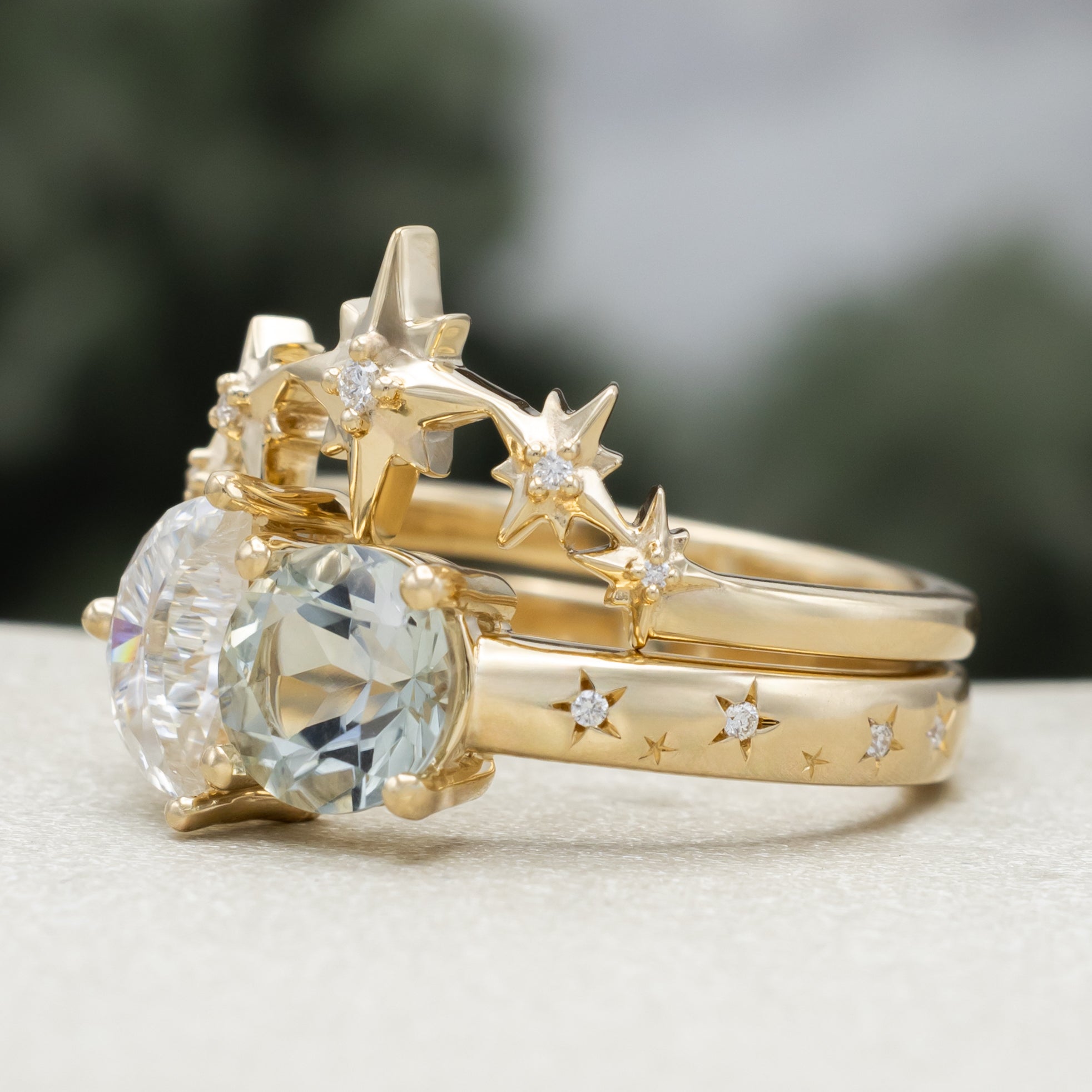 "Sidra" - Toi Et Moi Green Prasiolite Engagement Ring With Crescent Moon Moissanite-Staghead Designs