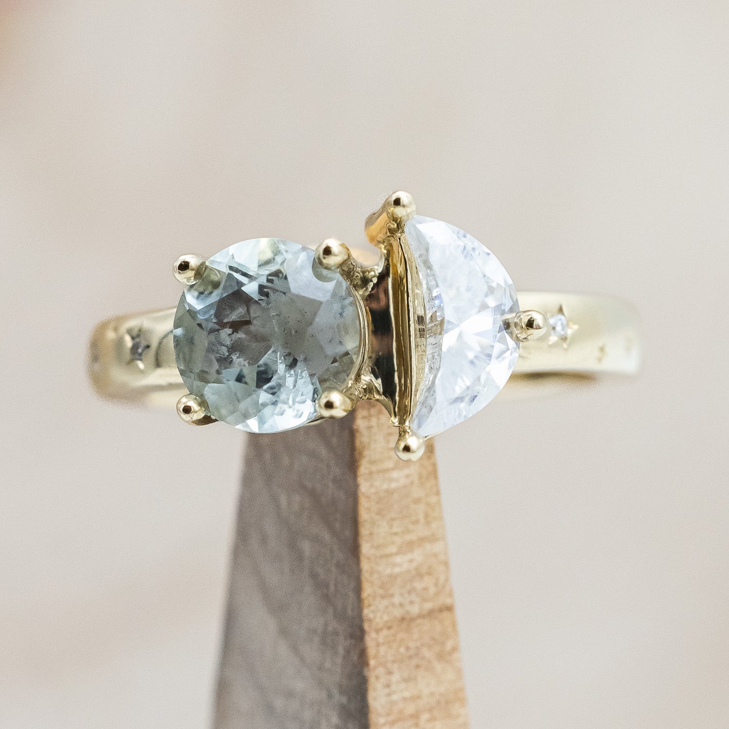 "Sidra" - toi et moi round cut green prasiolite women's engagement ring with a crescent moon moissanite accent