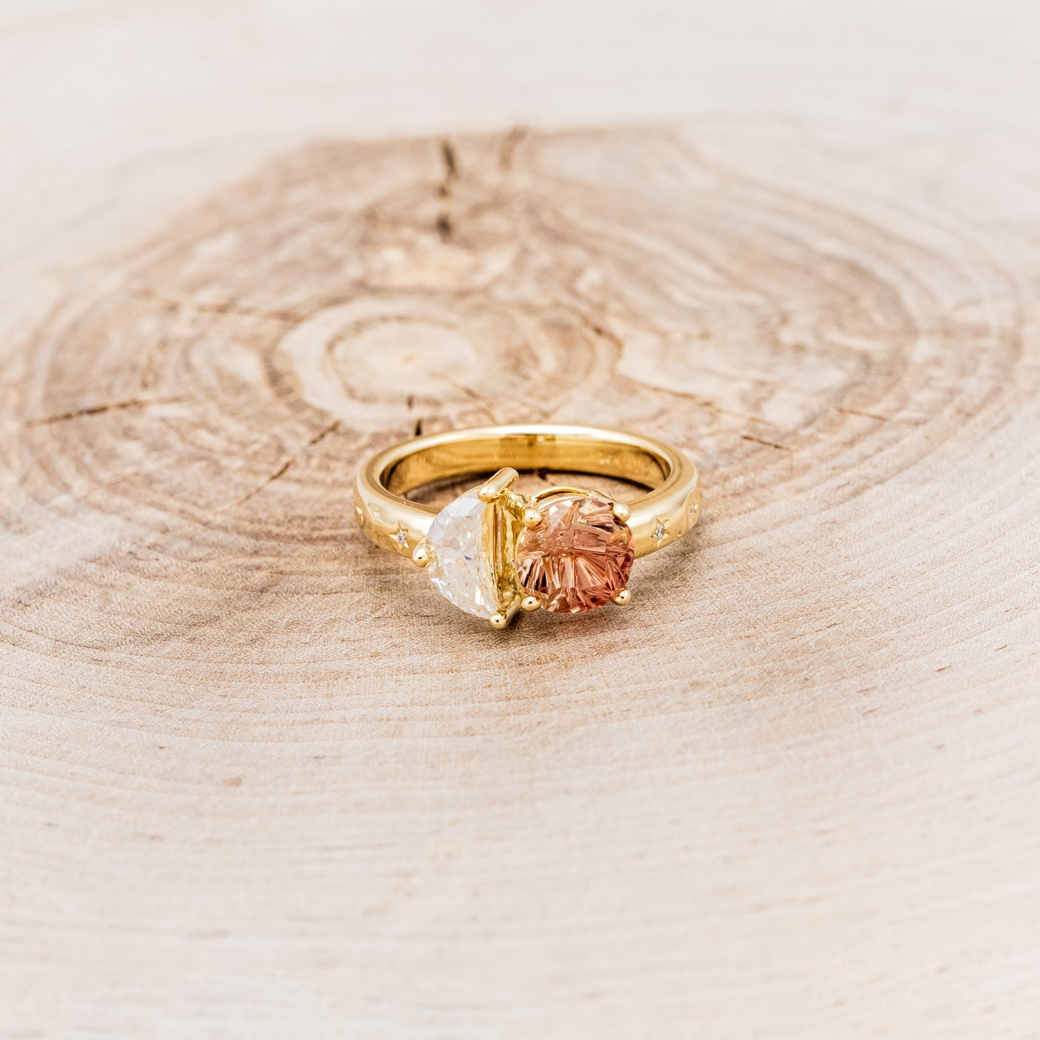 "SIDRA" - TOI ET MOI ROUND OREGON SUNSTONE ENGAGEMENT RING WITH A CRESCENT MOON MOISSANITE ACCENT & TRACER-10