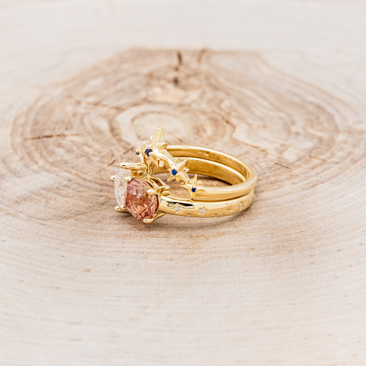 "SIDRA" - TOI ET MOI ROUND OREGON SUNSTONE ENGAGEMENT RING WITH A CRESCENT MOON MOISSANITE ACCENT & TRACER-3