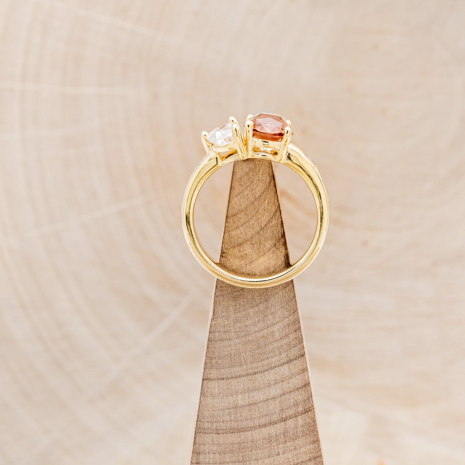 "SIDRA" - TOI ET MOI ROUND OREGON SUNSTONE ENGAGEMENT RING WITH A CRESCENT MOON MOISSANITE ACCENT & TRACER-12