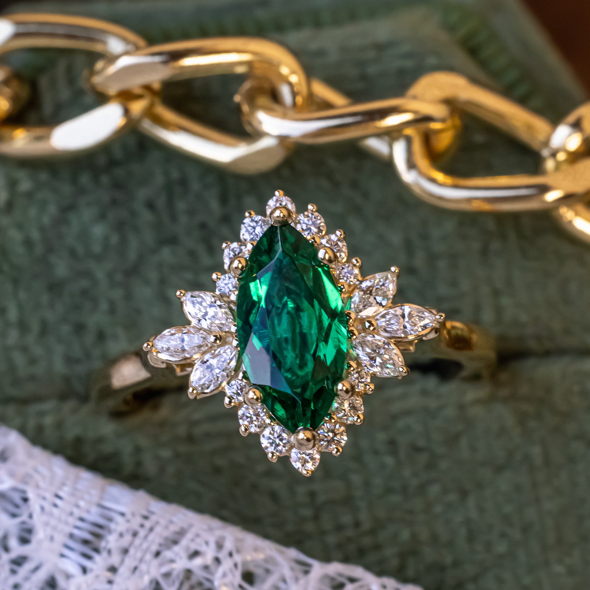 "SKYLAR" - MARQUISE CUT LAB-GROWN EMERALD ENGAGEMENT RING WITH DIAMOND HALO-Staghead Designs