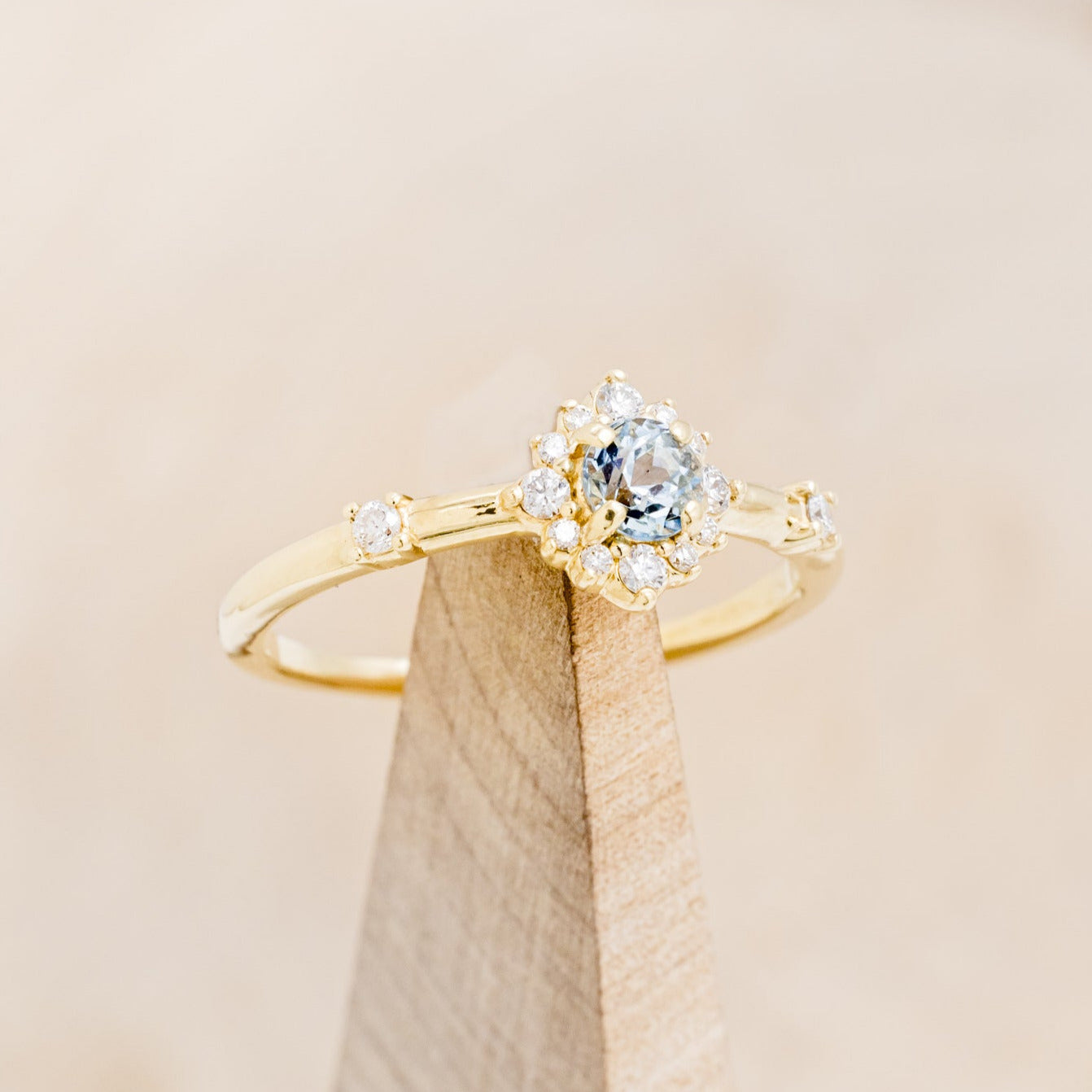 "STARLA" - ROUND CUT AQUAMARINE ENGAGEMENT RING WITH STARBURST DIAMOND HALO & TRACER-6