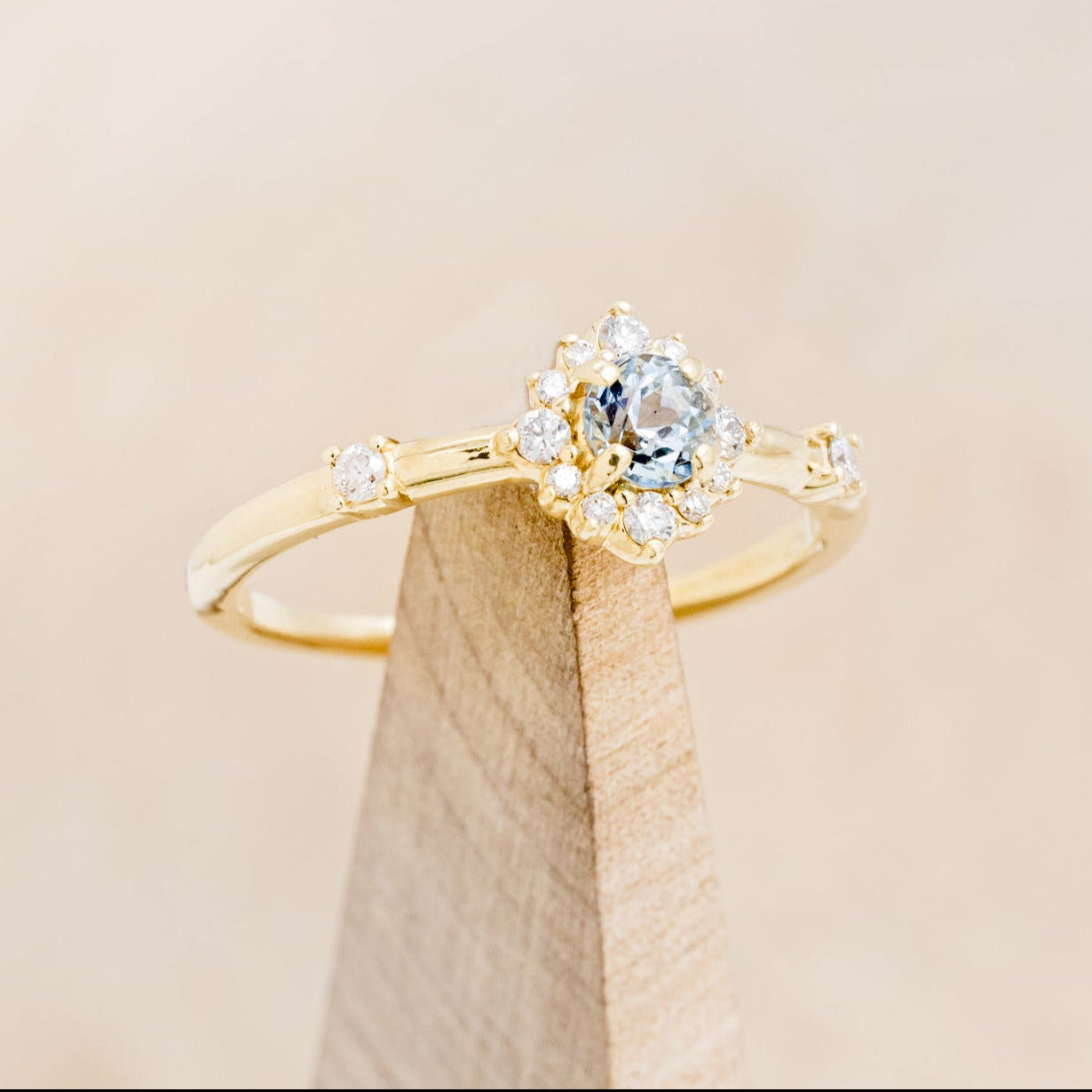 "STARLA" - ROUND CUT AQUAMARINE ENGAGEMENT RING WITH STARBURST DIAMOND HALO & TRACER-6