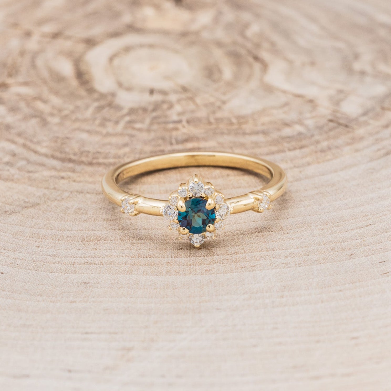"STARLA" - ROUND CUT LAB-GROWN ALEXANDRITE ENGAGEMENT RING WITH STARBURST DIAMOND HALO-16