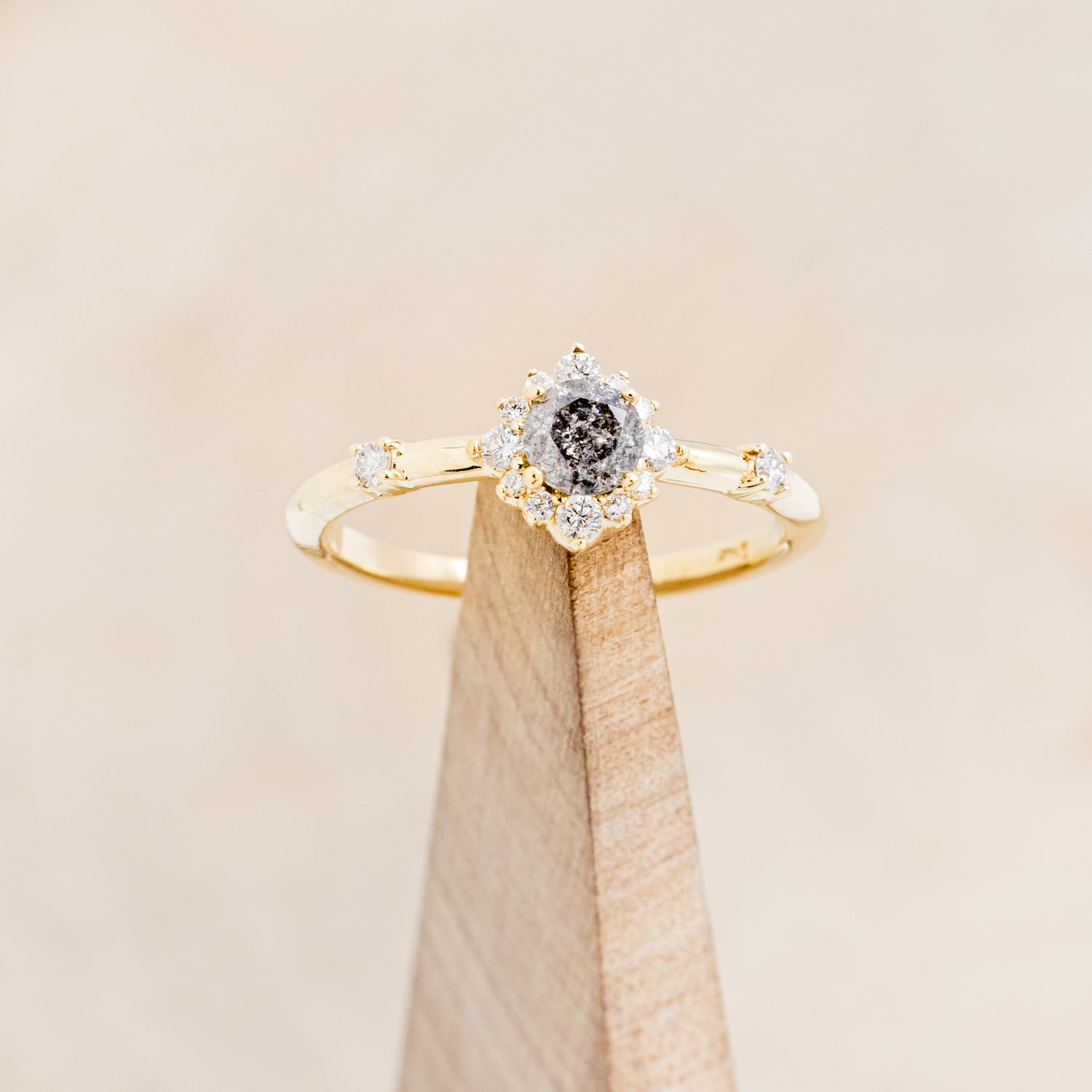 "STARLA" - ROUND CUT SALT & PEPPER DIAMOND ENGAGEMENT RING WITH STARBURST DIAMOND HALO - EXPEDITED-12