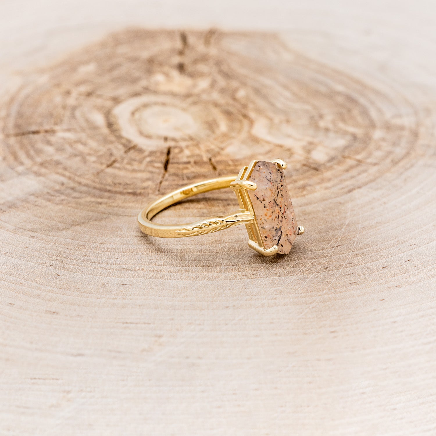 "HOPE" - SOLITAIRE ENGAGEMENT RING WITH FEATHER ACCENTS - SHOWN WITH ROUND MEDEINA GREEN MOISSANITE - SELECT YOUR OWN STONE-3