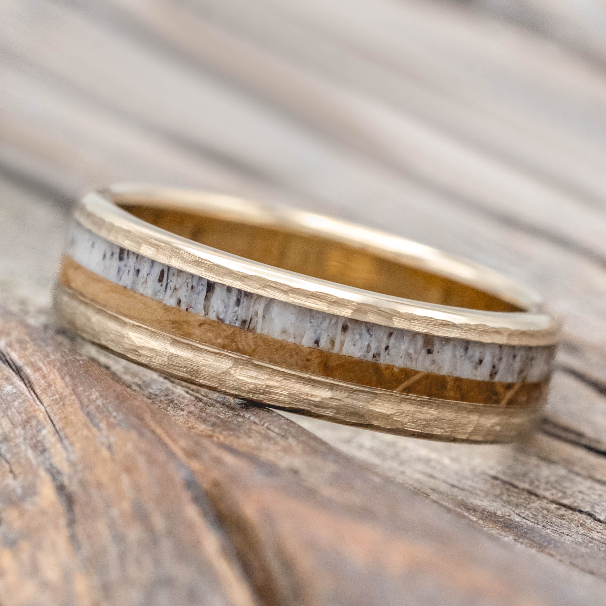 "TANNER" - WHISKEY BARREL OAK & ANTLER WEDDING BAND WITH A HAMMERED FINISH-Staghead Designs