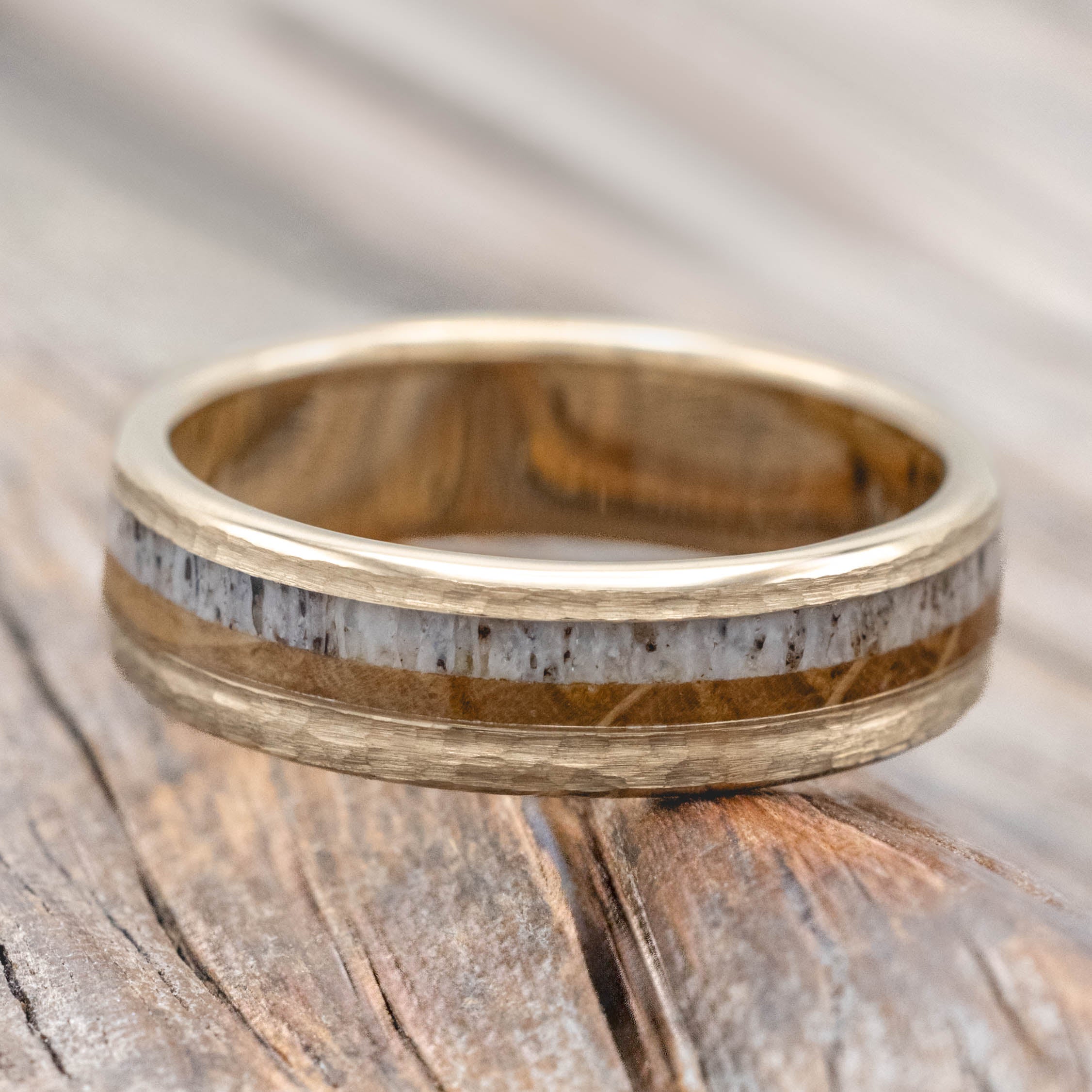 "TANNER" - WHISKEY BARREL OAK & ANTLER WEDDING BAND WITH A HAMMERED FINISH-Staghead Designs