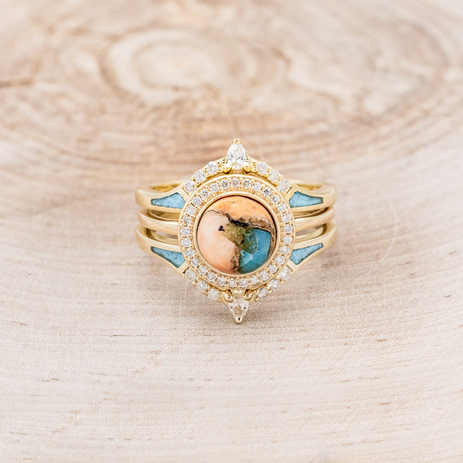 "TERRA" - BRIDAL SUITE - ROUND CUT SPINY OYSTER TURQUOISE ENGAGEMENT RING WITH DIAMOND HALO & TRACER-4