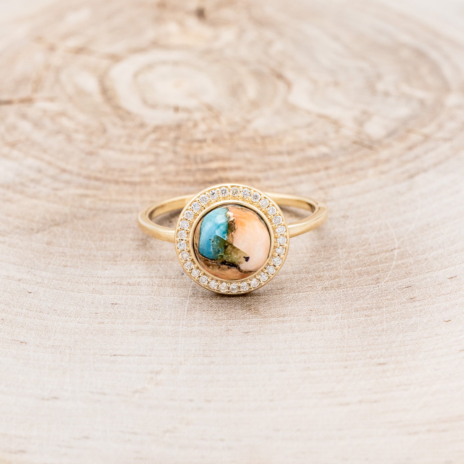 "TERRA" - BRIDAL SUITE - ROUND CUT SPINY OYSTER TURQUOISE ENGAGEMENT RING WITH DIAMOND HALO & TRACER-15