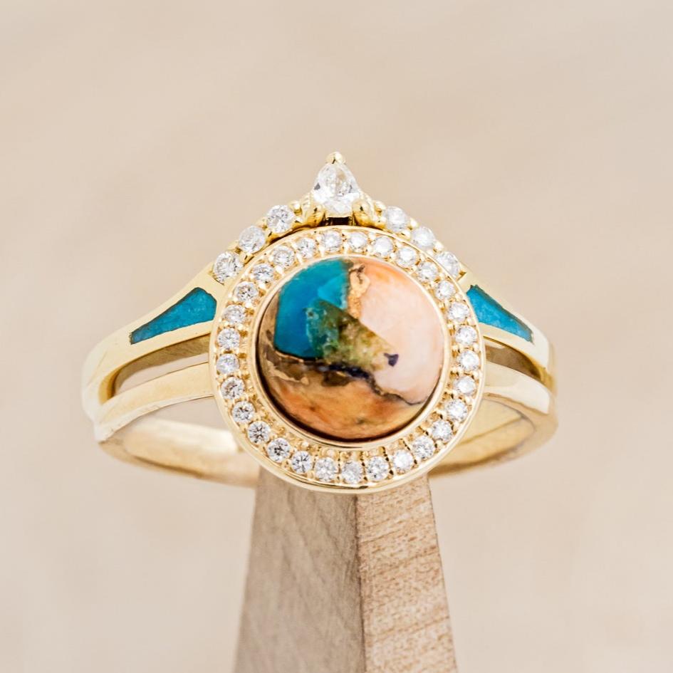 "TERRA" - BRIDAL SUITE - ROUND CUT SPINY OYSTER TURQUOISE ENGAGEMENT RING WITH DIAMOND HALO & TRACER-7