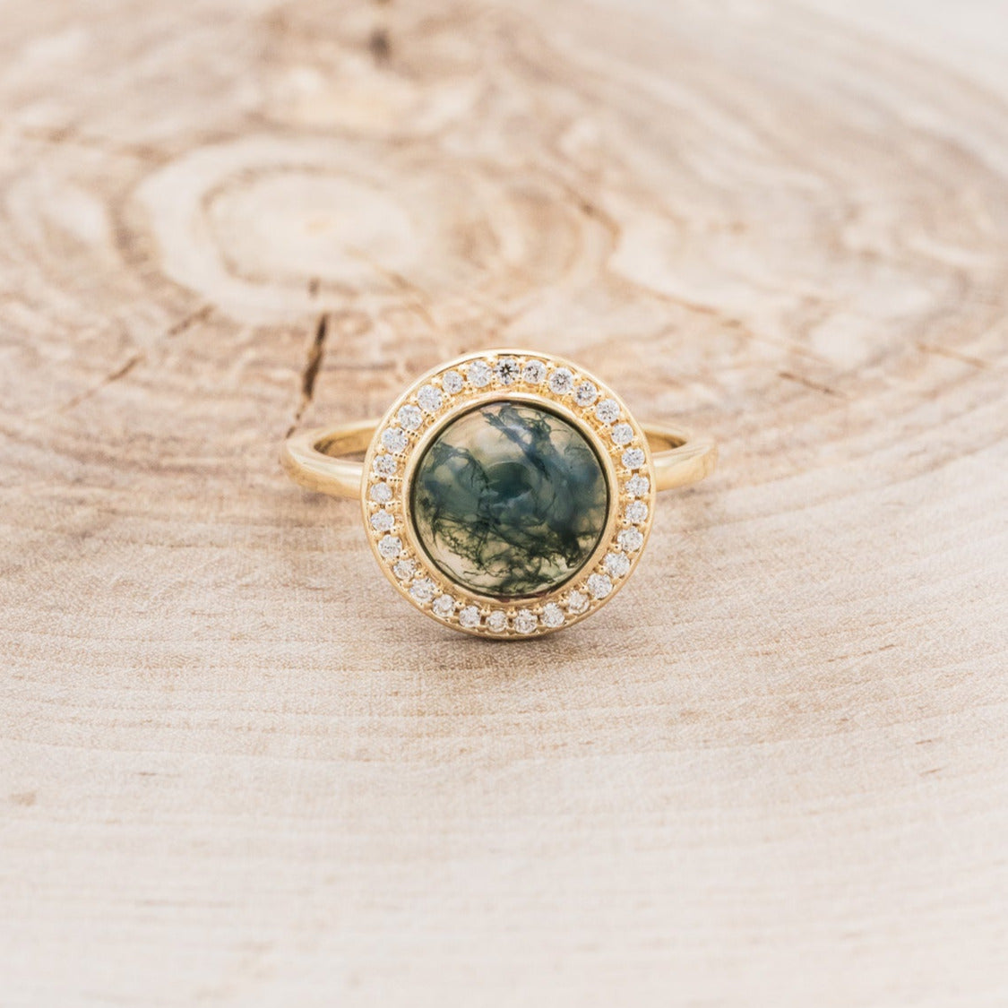 "TERRA" - ROUND CUT MOSS AGATE ENGAGEMENT RING WITH DIAMOND HALO-16
