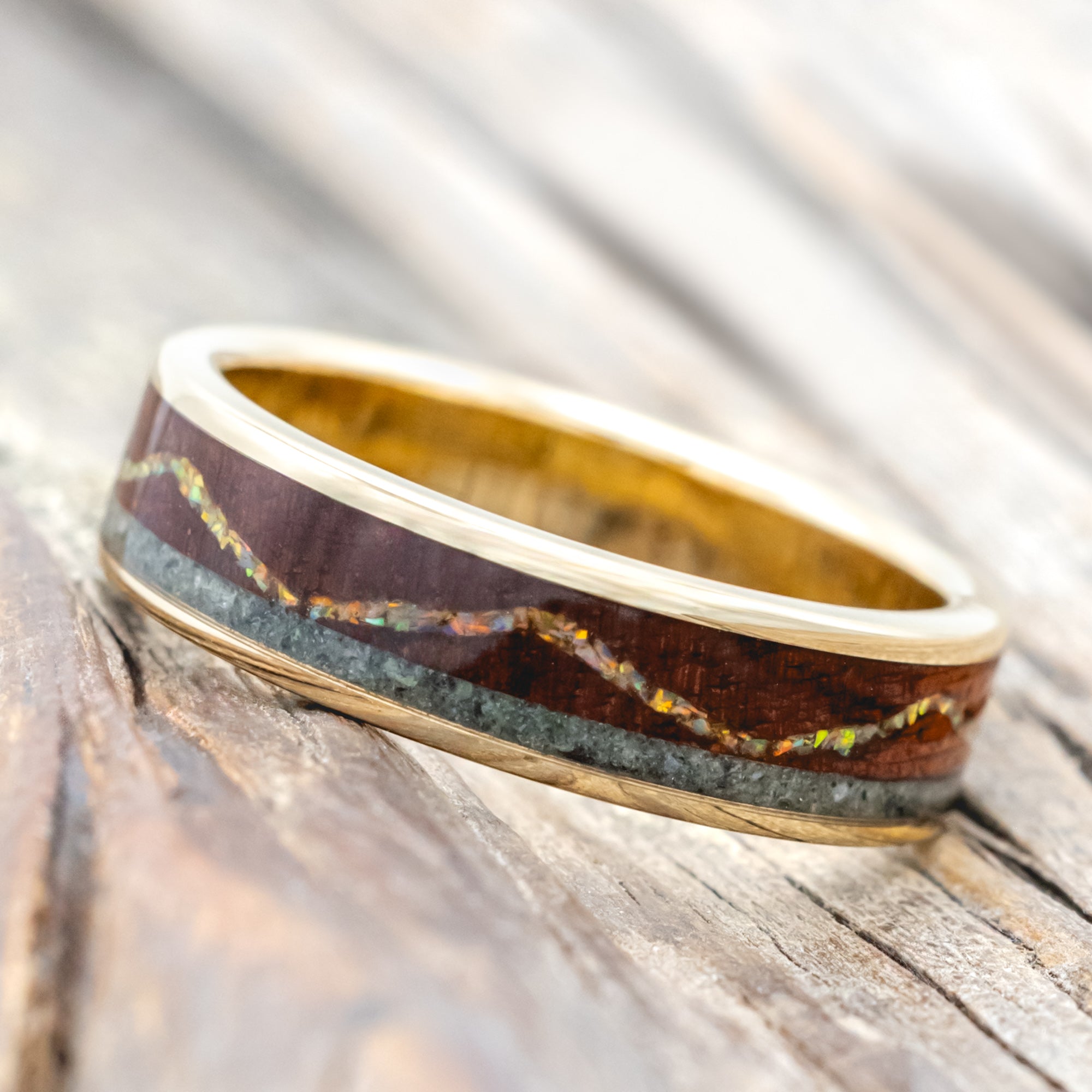 "The Expedition" - Mountain Engraved Wedding Ring With Fire & Ice Opal, Rosewood & Moss Agate