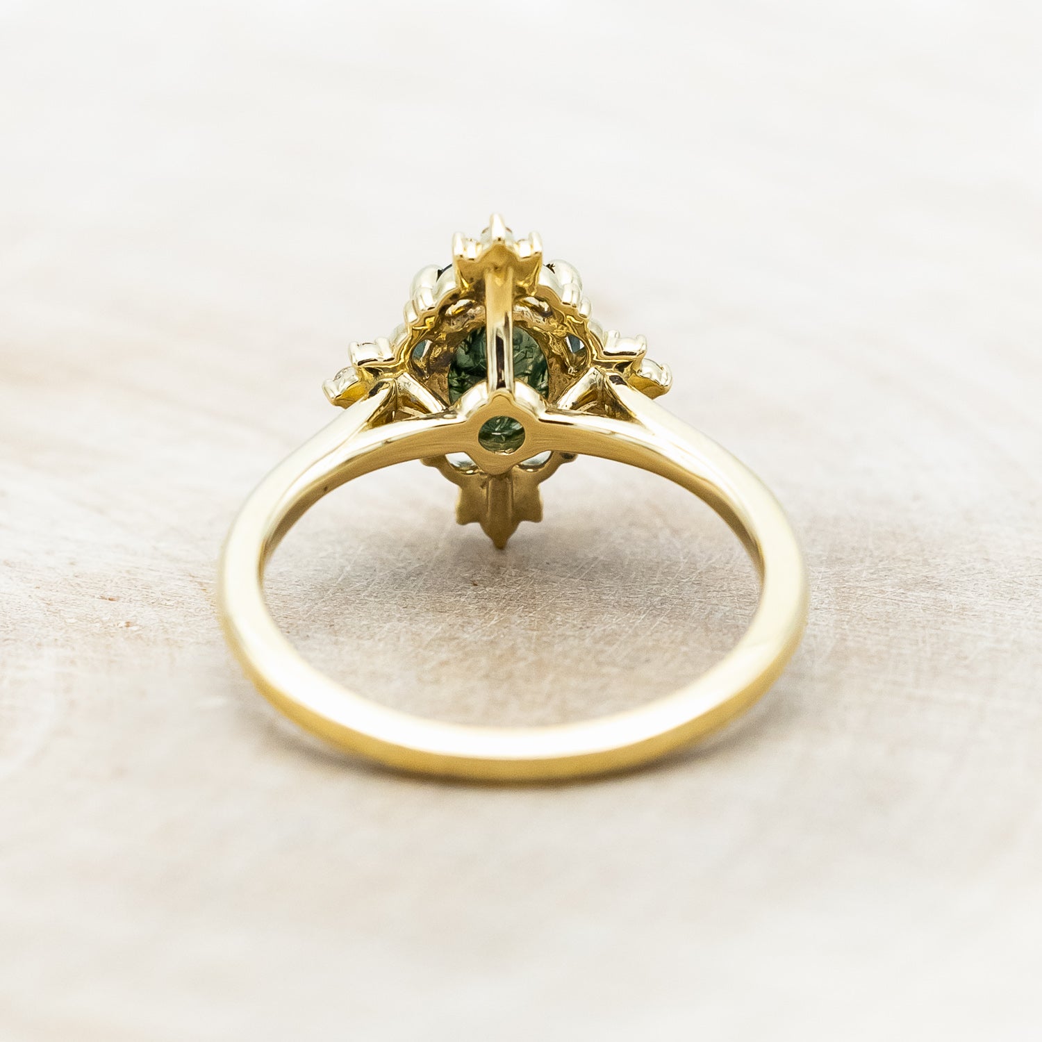 "TREVA" - OVAL MOSS AGATE ENGAGEMENT RING WITH DIAMOND ACCENTS & "MELODY" TRACER-Staghead Designs