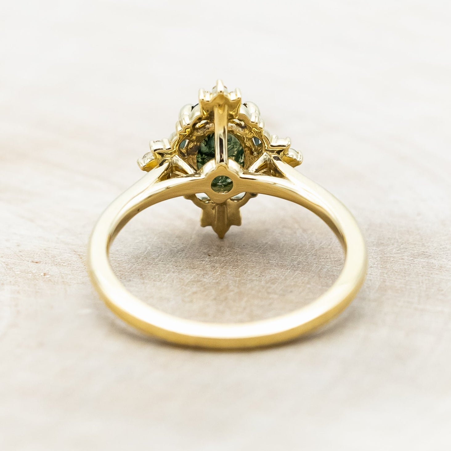"TREVA" - OVAL MOSS AGATE ENGAGEMENT RING WITH DIAMOND ACCENTS & "MELODY" TRACER-Staghead Designs