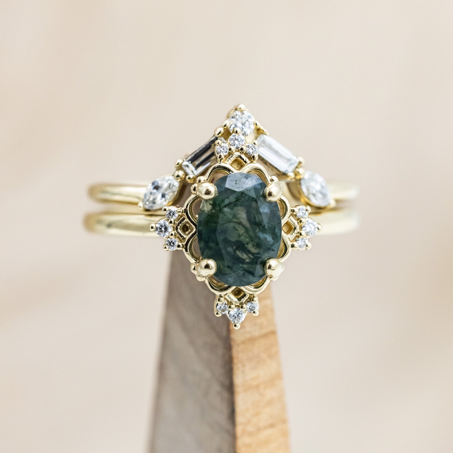"TREVA" - OVAL MOSS AGATE ENGAGEMENT RING WITH DIAMOND ACCENTS & "MELODY" TRACER-Staghead Designs