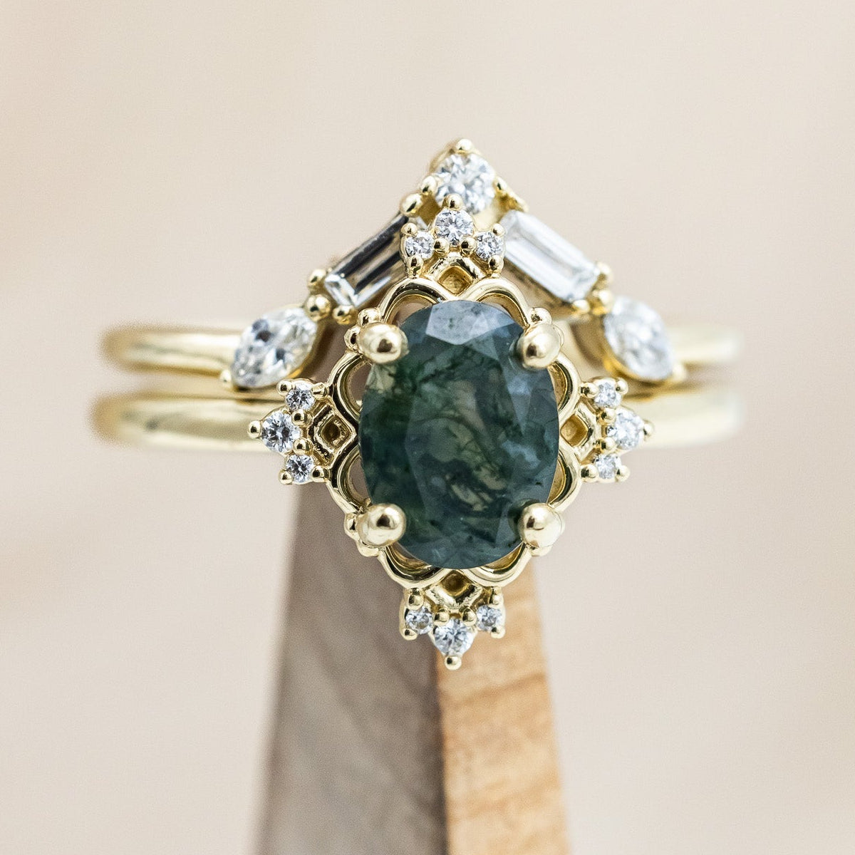"TREVA" - OVAL MOSS AGATE ENGAGEMENT RING WITH DIAMOND ACCENTS & "MELODY" TRACER-Staghead Designs