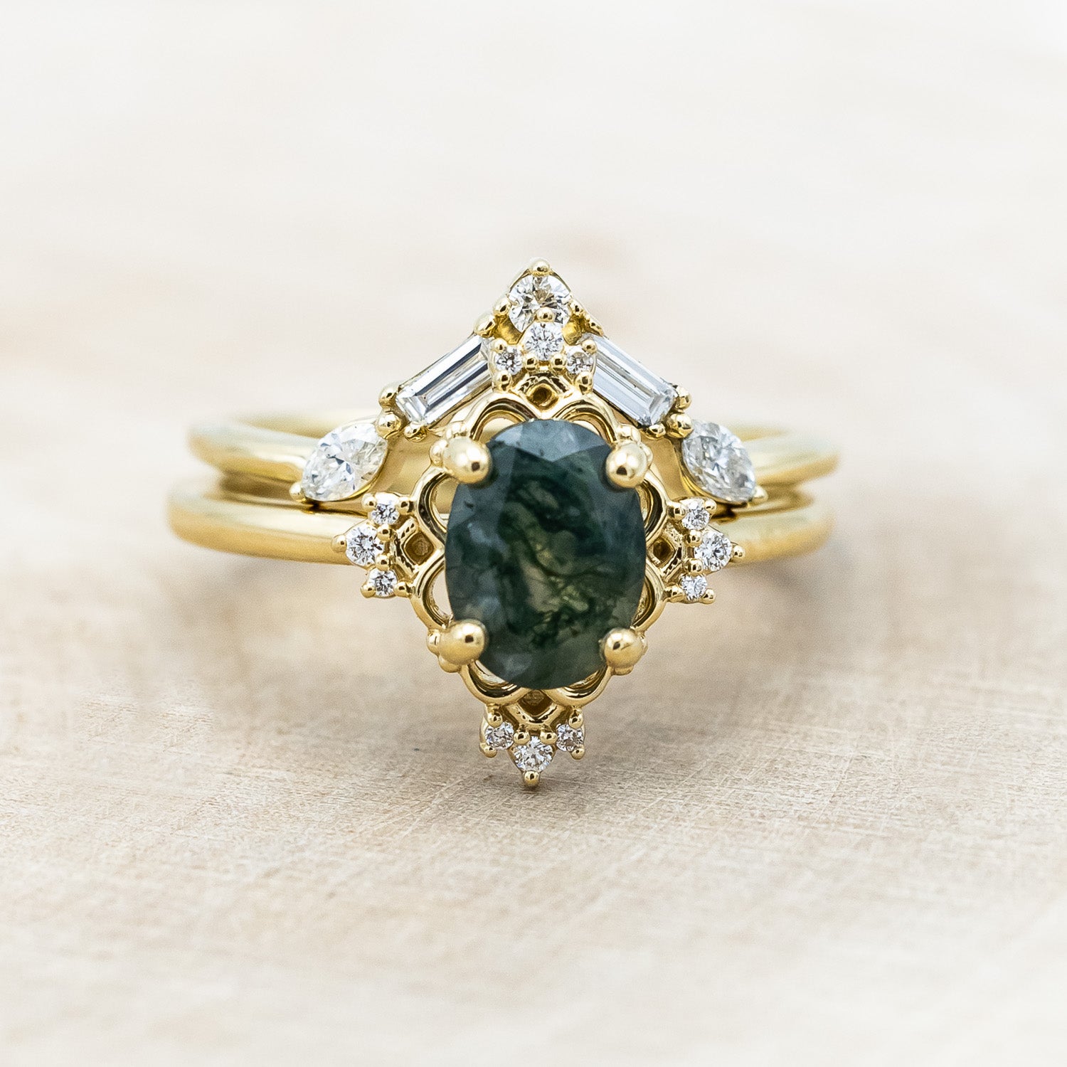 "TREVA" - OVAL MOSS AGATE ENGAGEMENT RING WITH DIAMOND ACCENTS & "MELODY" TRACER-Staghead Designs