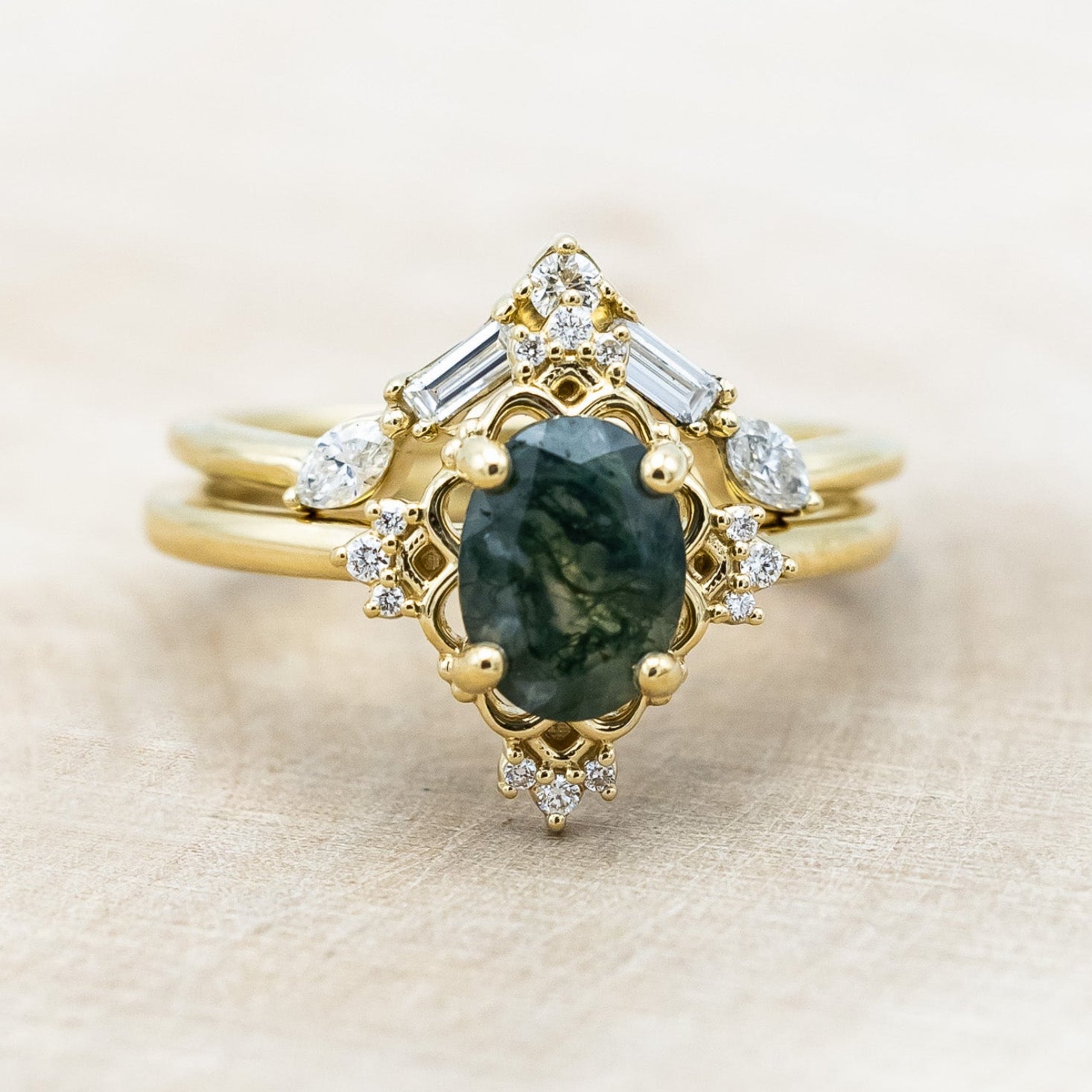 "TREVA" - OVAL MOSS AGATE ENGAGEMENT RING WITH DIAMOND ACCENTS & "MELODY" TRACER-Staghead Designs