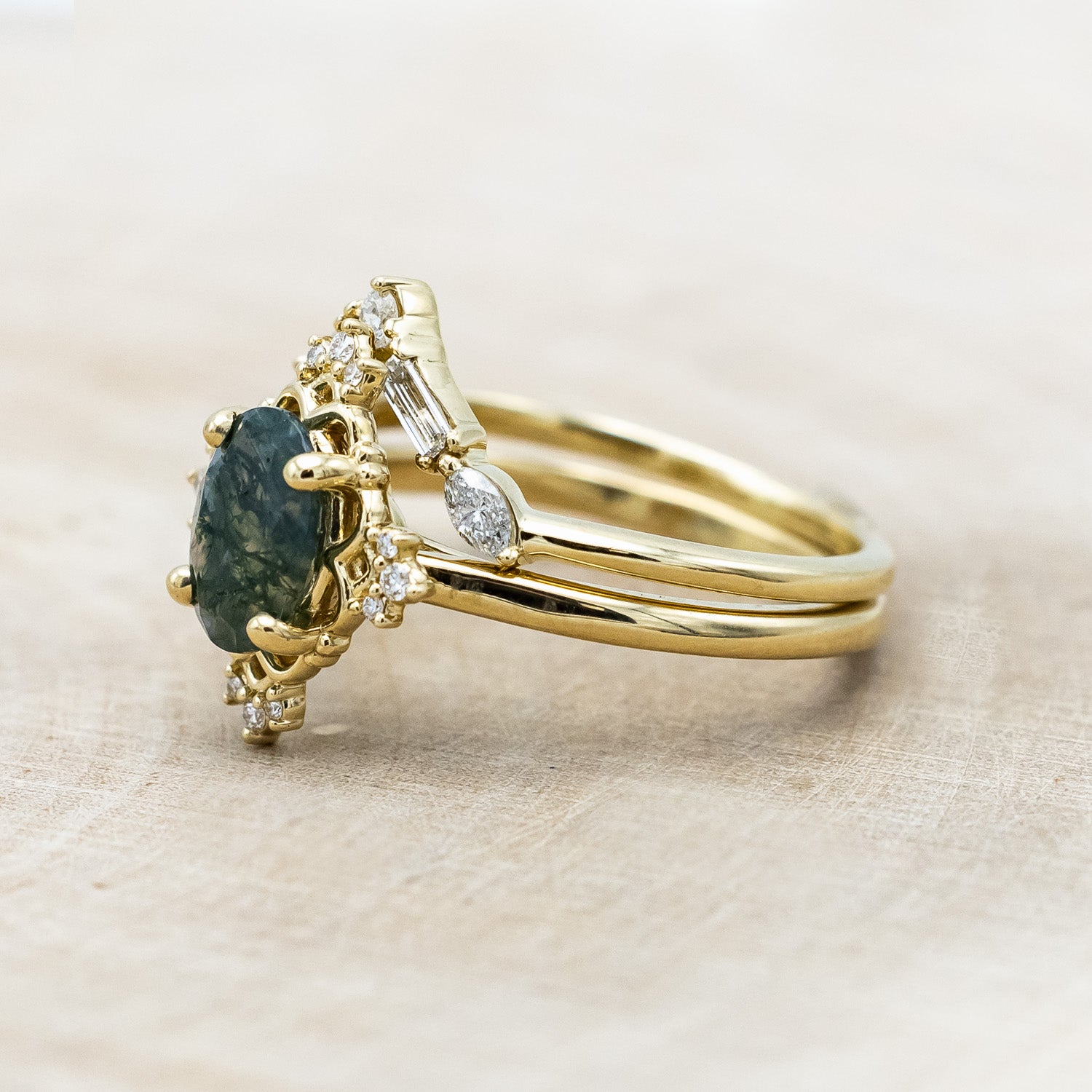 "TREVA" - OVAL MOSS AGATE ENGAGEMENT RING WITH DIAMOND ACCENTS & "MELODY" TRACER-Staghead Designs