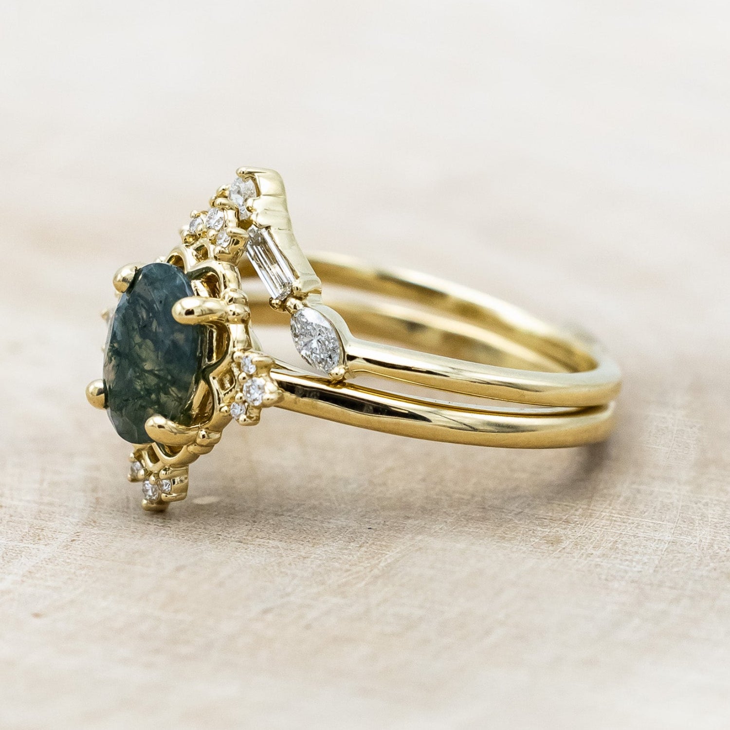 "TREVA" - OVAL MOSS AGATE ENGAGEMENT RING WITH DIAMOND ACCENTS & "MELODY" TRACER-Staghead Designs