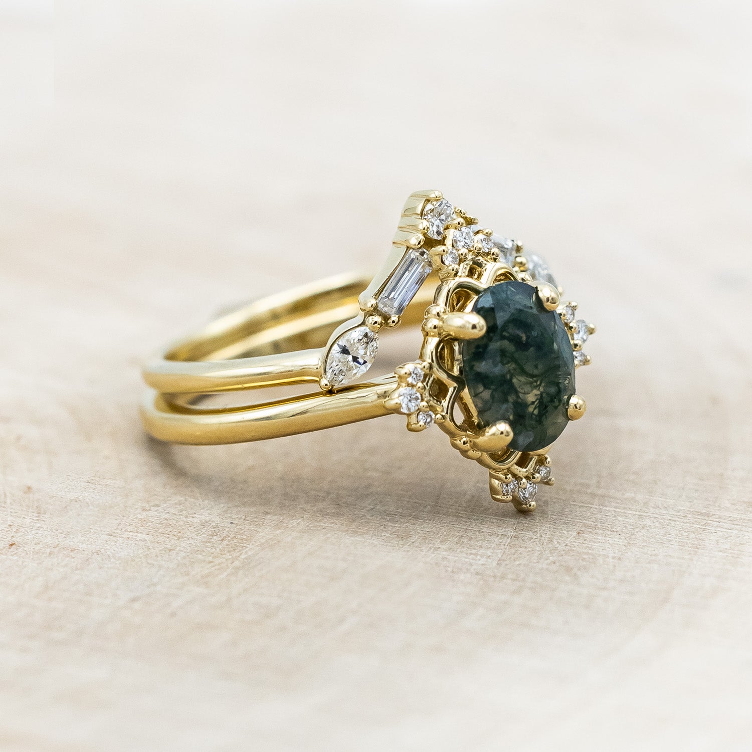 "TREVA" - OVAL MOSS AGATE ENGAGEMENT RING WITH DIAMOND ACCENTS & "MELODY" TRACER-Staghead Designs