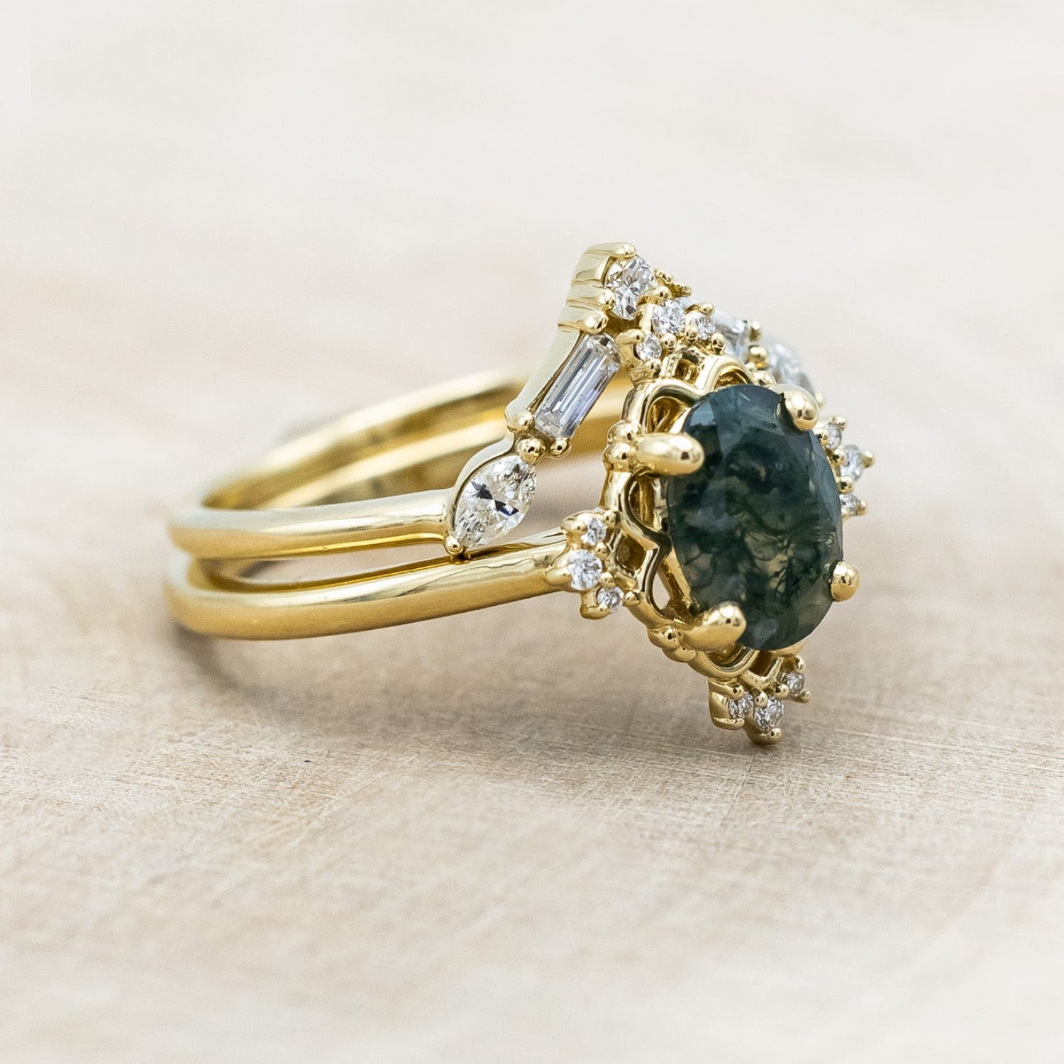 "TREVA" - OVAL MOSS AGATE ENGAGEMENT RING WITH DIAMOND ACCENTS & "MELODY" TRACER-Staghead Designs