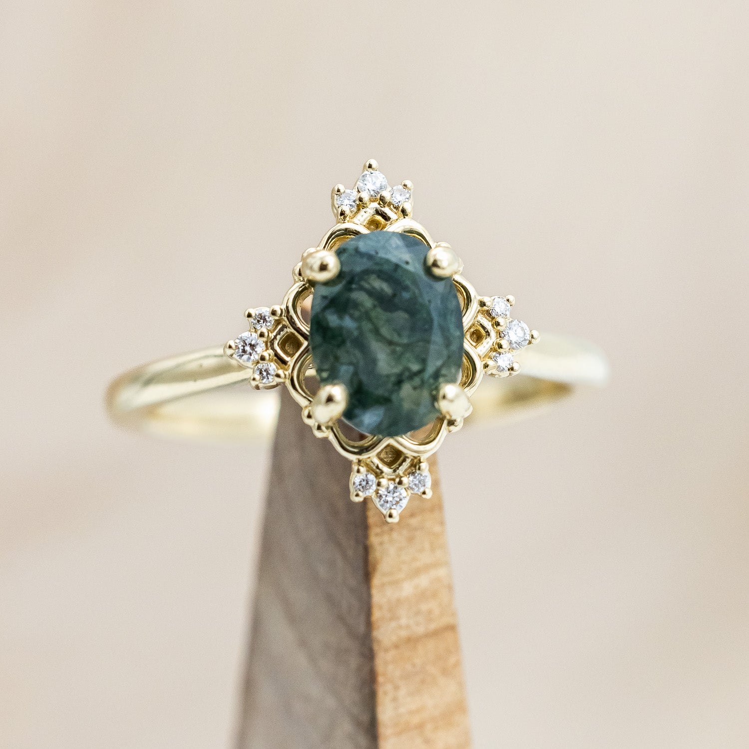 "TREVA" - OVAL MOSS AGATE ENGAGEMENT RING WITH DIAMOND ACCENTS & "MELODY" TRACER-Staghead Designs