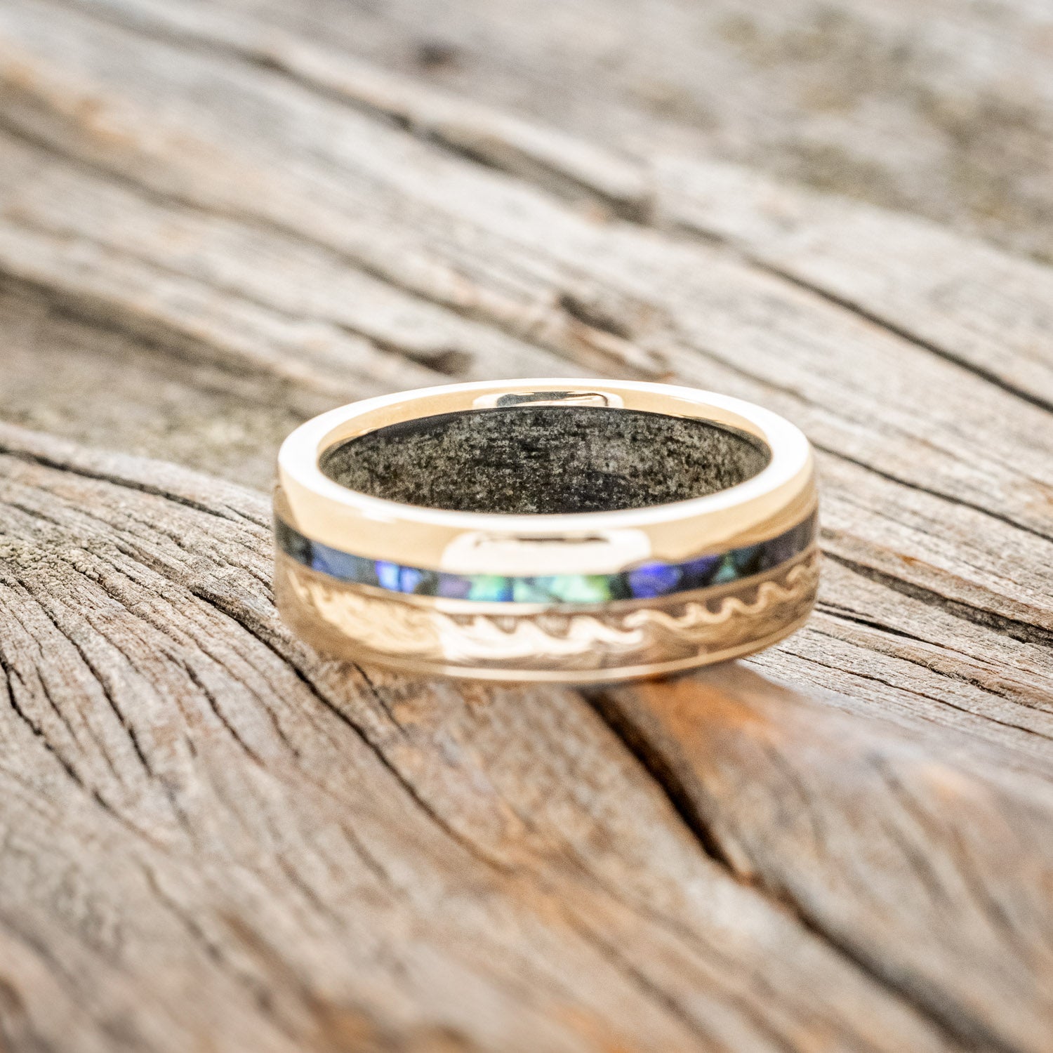 "TRITON" - WAVE ENGRAVED WEDDING BAND WITH PAUA SHELL & SAND LINING-13
