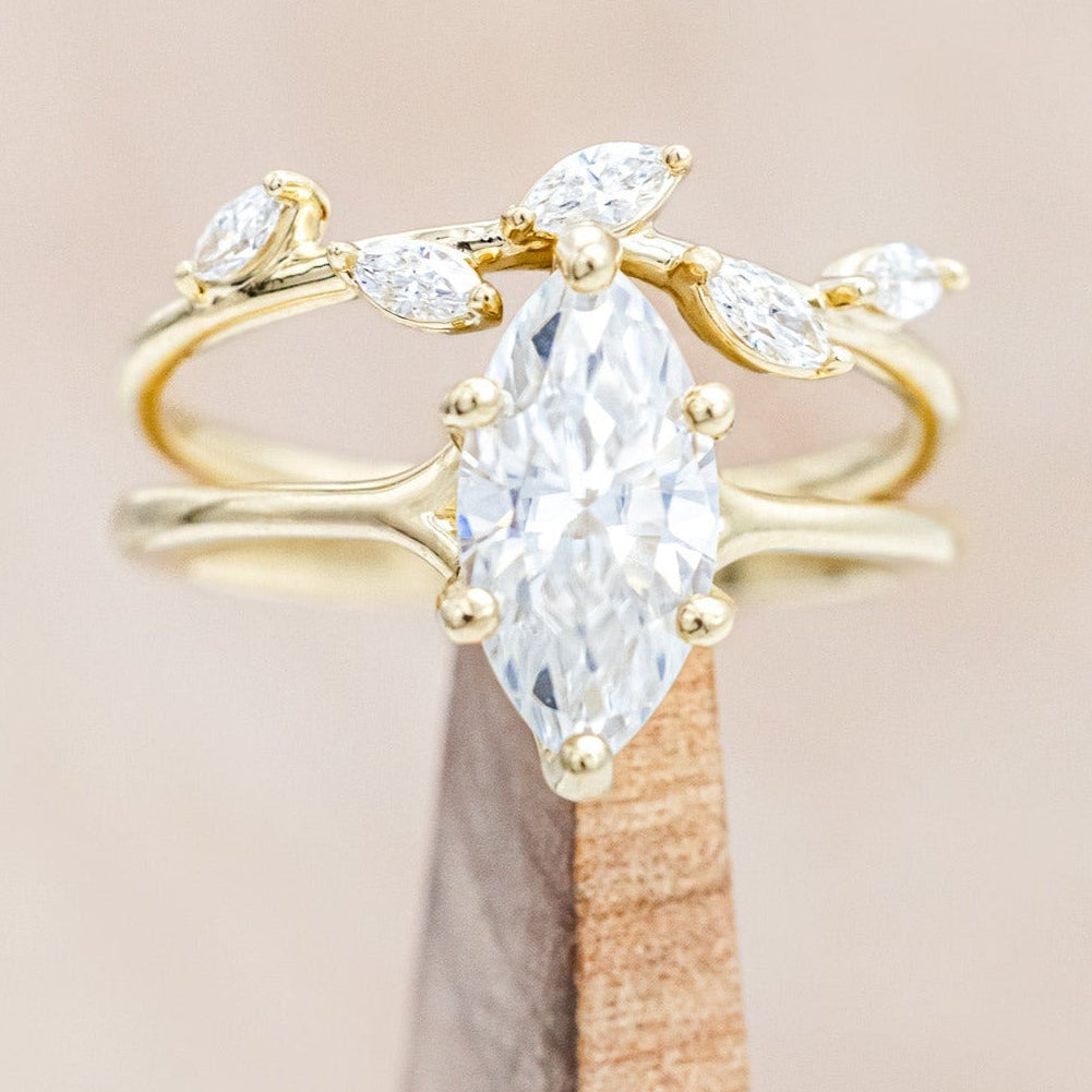 "TULIP" - MARQUISE MOISSANITE ENGAGEMENT RING WITH "IDHAL" DIAMOND STACKING BAND-Staghead Designs