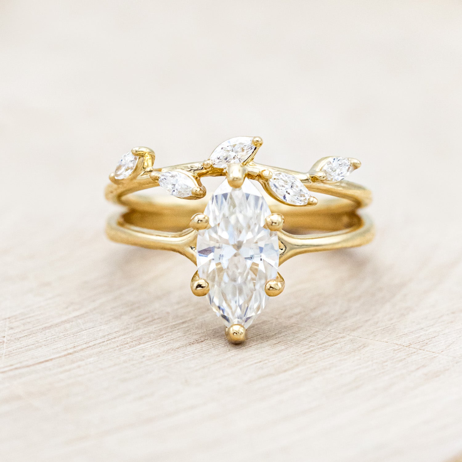 "TULIP" - MARQUISE MOISSANITE ENGAGEMENT RING WITH "IDHAL" DIAMOND STACKING BAND-Staghead Designs