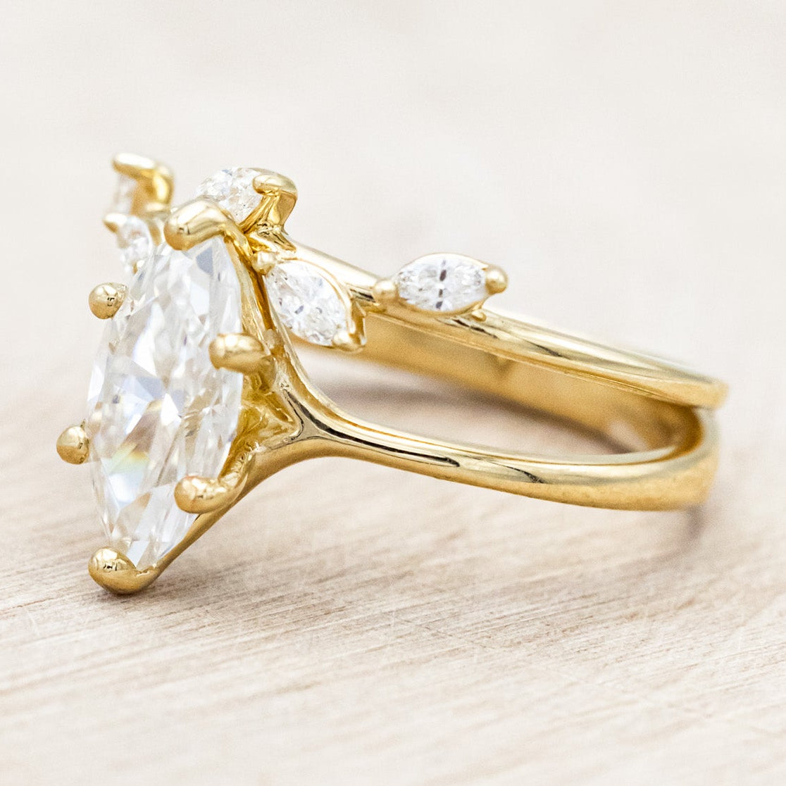"TULIP" - MARQUISE MOISSANITE ENGAGEMENT RING WITH "IDHAL" DIAMOND STACKING BAND-Staghead Designs