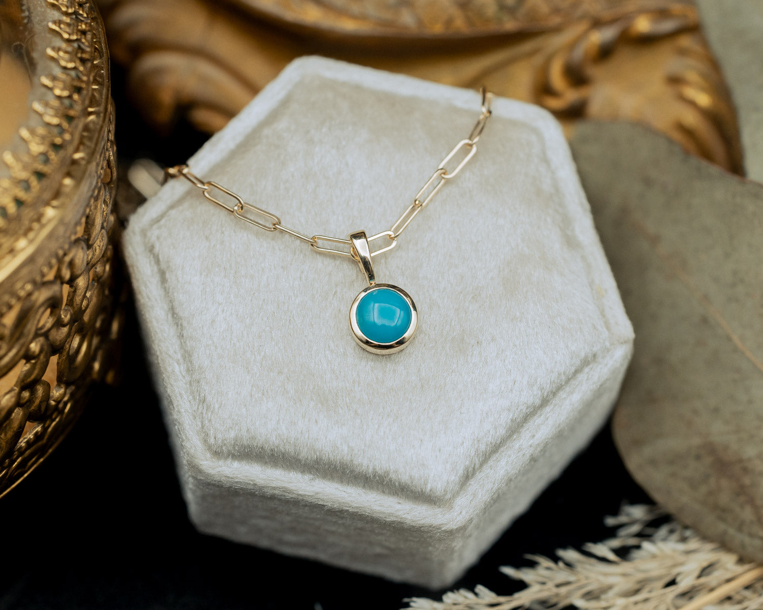 BEZEL SET ROUND PENDANT WITH YOUR CHOICE OF MOSS AGATE, MOONSTONE, LAPIS LAZULI, OR TURQUOISE-5