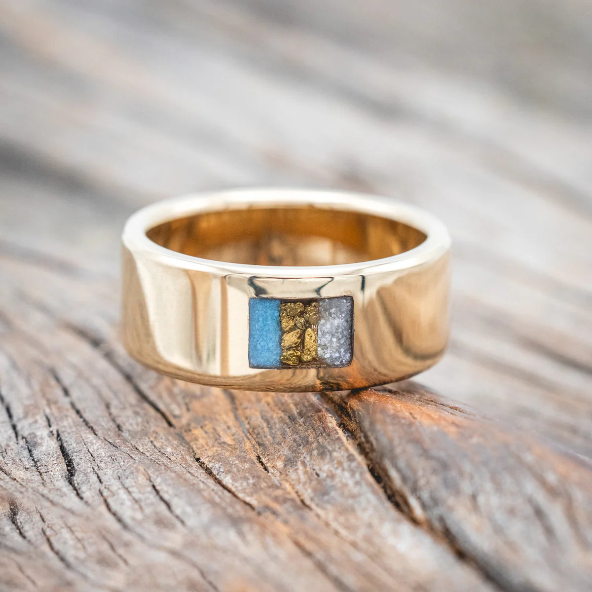 Turquoise, Gold Nuggets & Diamond Dust Wedding Band - 14K Yellow Gold (6mm) - Size 10 1/2-Staghead Designs