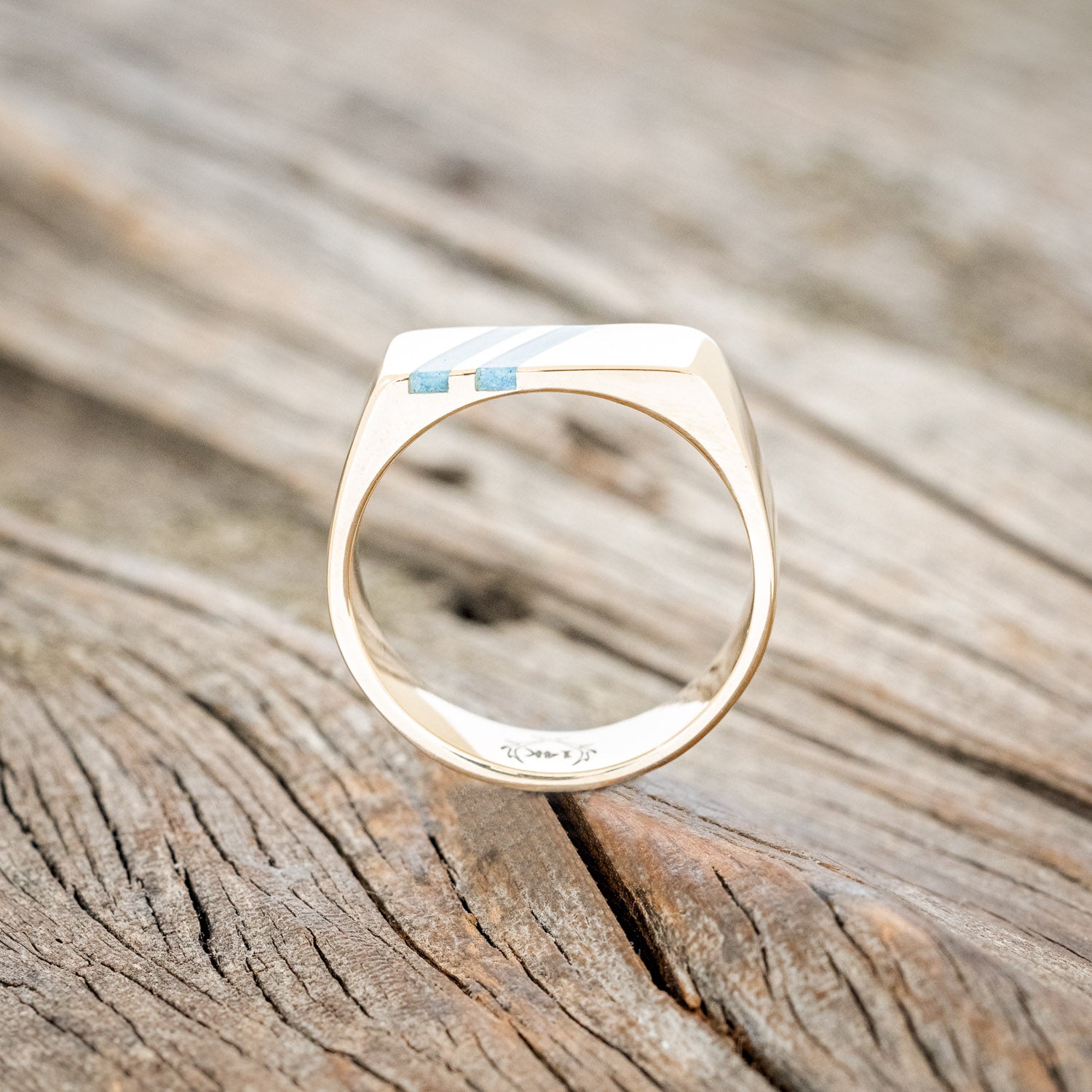 "TWAIN" - FLAT TOP WEDDING RING FEATURING DIAGONAL TURQUOISE INLAYS-12