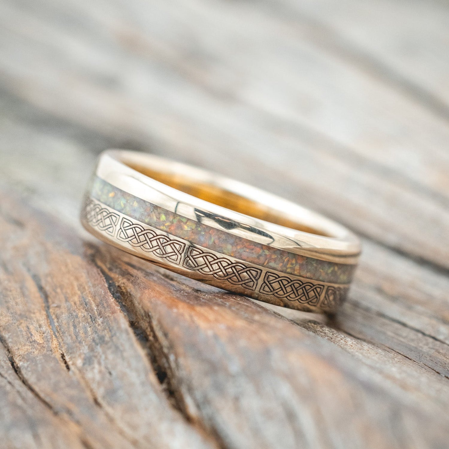 "VERTIGO" - CELTIC SAILOR'S KNOT ENGRAVED WITH FIRE & ICE OPAL WEDDING RING-Staghead Designs