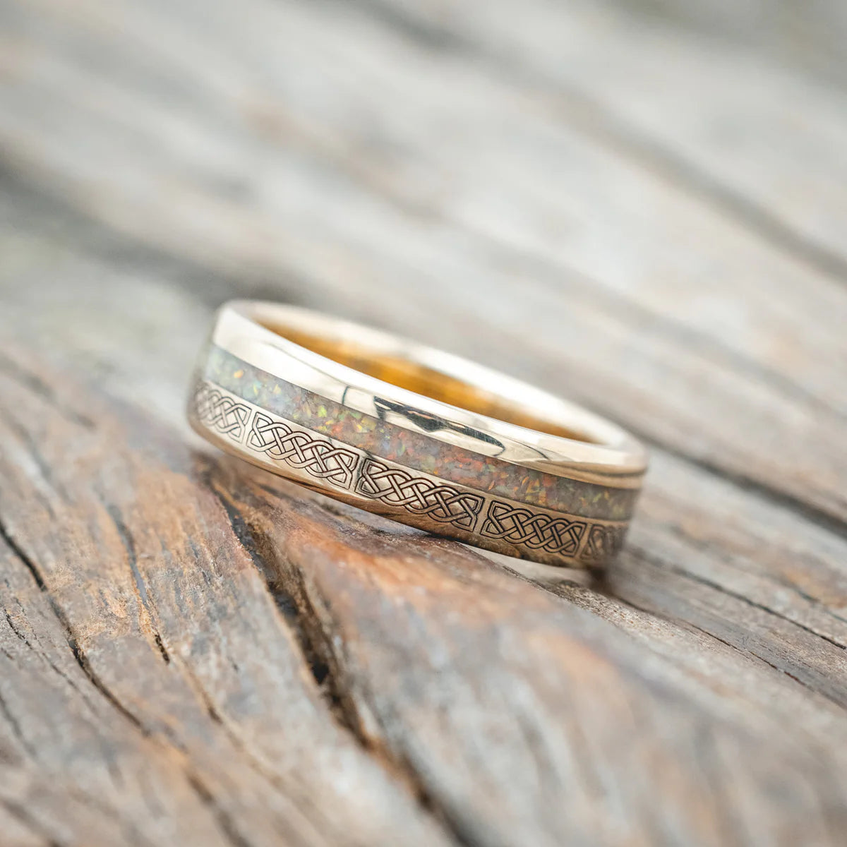 "VERTIGO" - CELTIC SAILOR'S KNOT ENGRAVED WITH FIRE & ICE OPAL WEDDING RING - 14K YELLOW GOLD (6MM)- SIZE 8 1/2-Staghead Designs