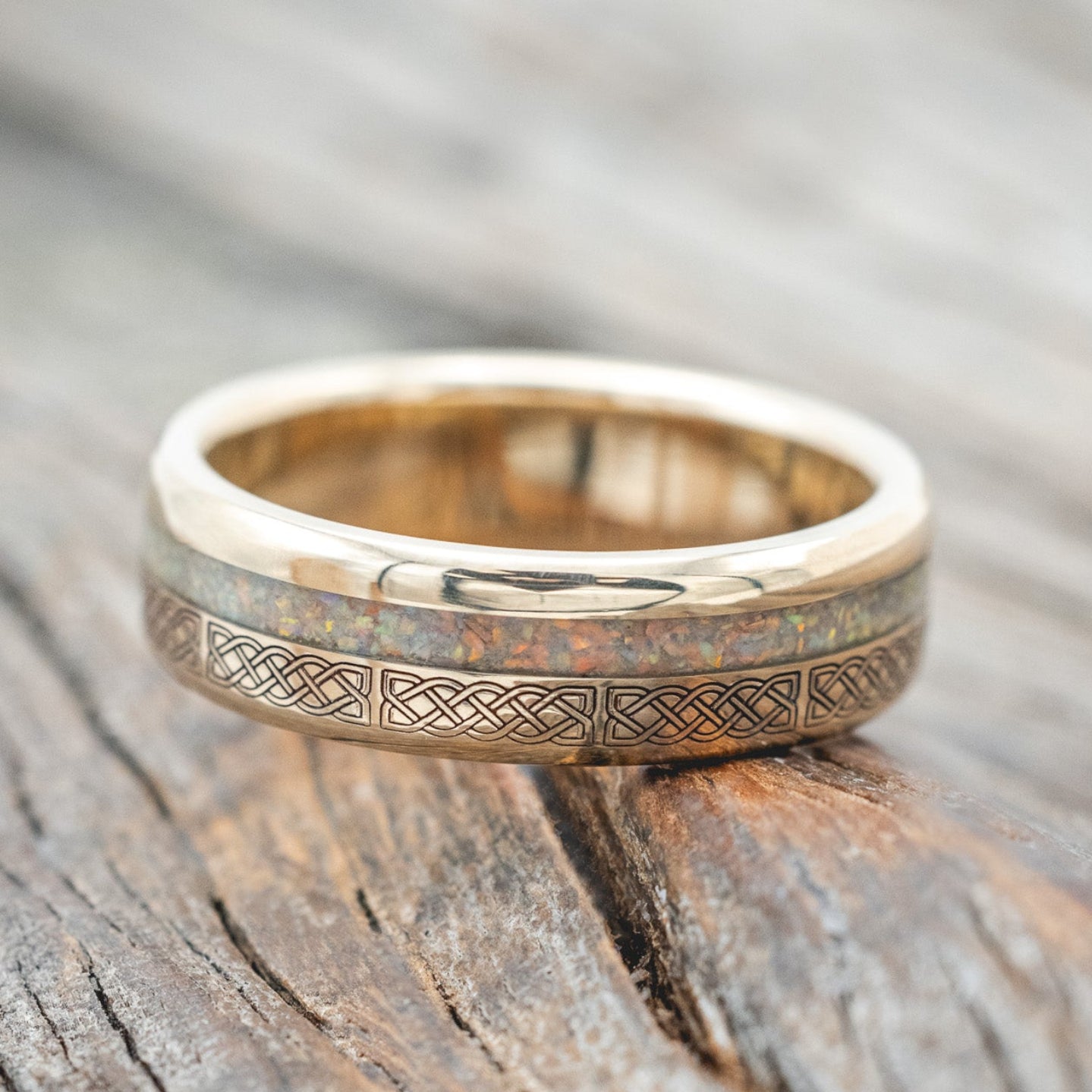 "VERTIGO" - CELTIC SAILOR'S KNOT ENGRAVED WITH FIRE & ICE OPAL WEDDING RING-Staghead Designs