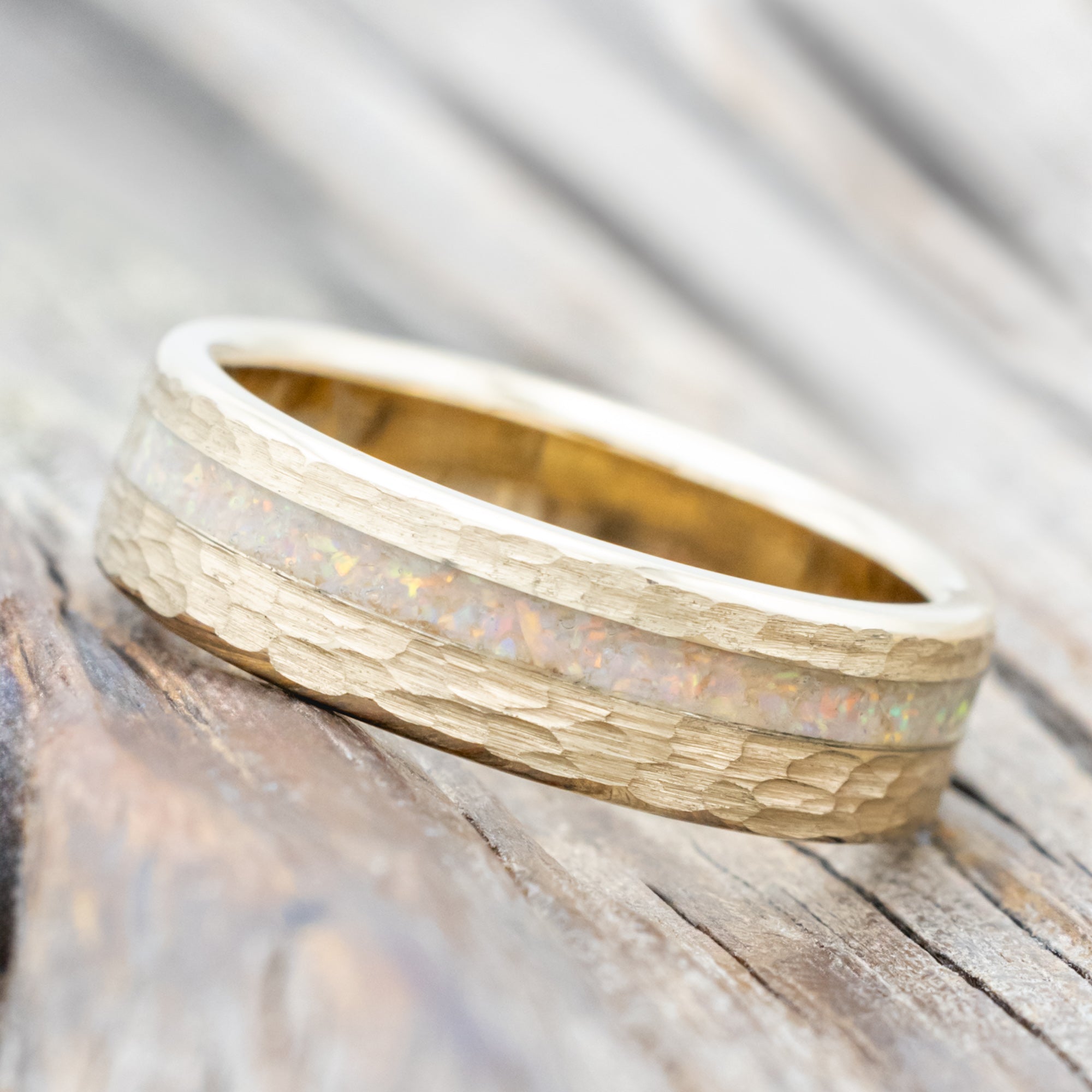 "Vertigo" - Fire & Ice Opal Wedding Band With Custom Finish-Staghead Designs