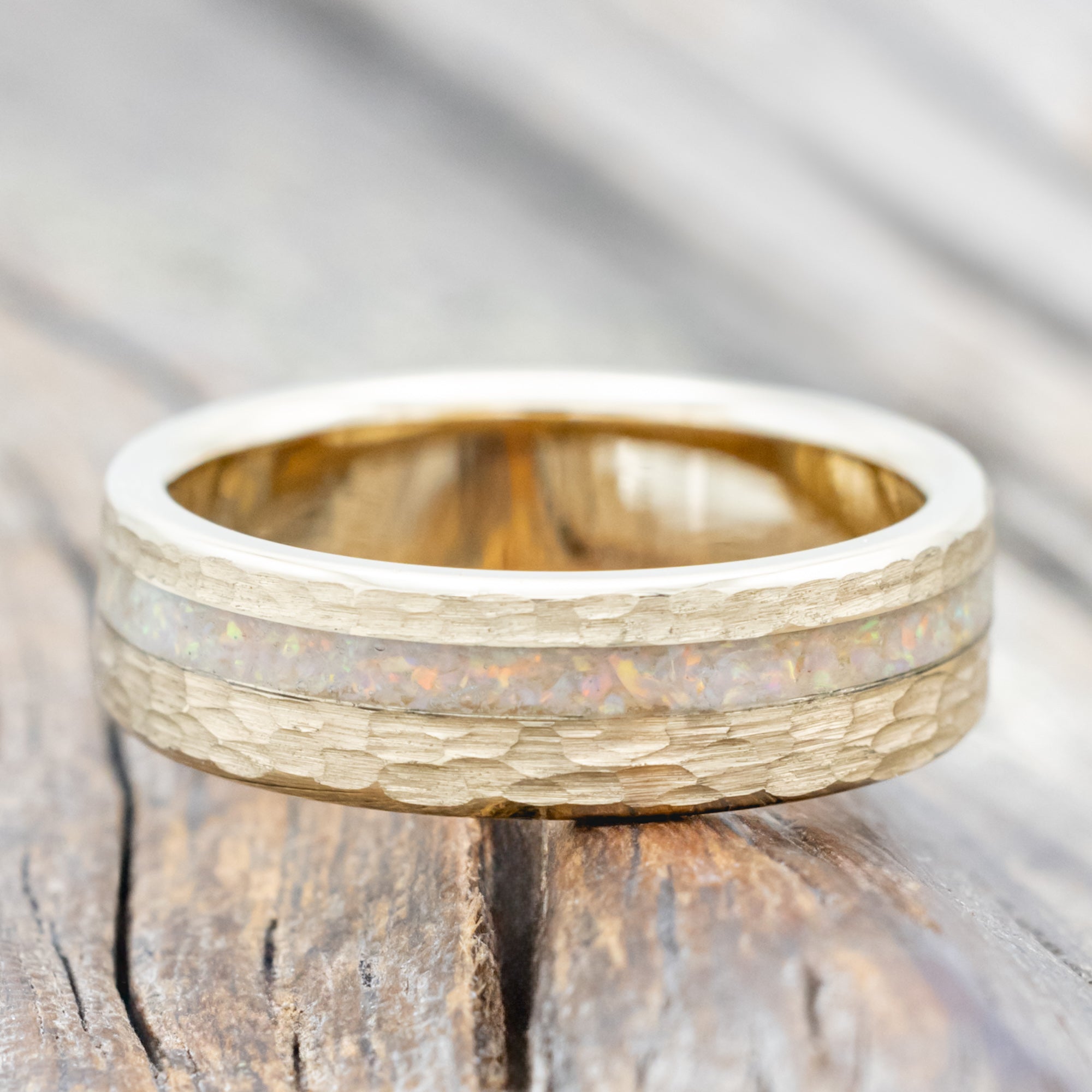 "Vertigo" - Fire & Ice Opal Wedding Band With Custom Finish-Staghead Designs
