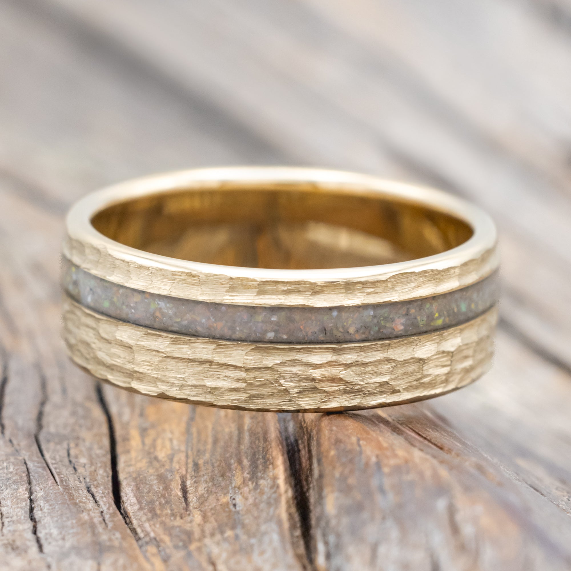 "VERTIGO" - OPAL WEDDING RING FEATURING A HAMMERED 14K GOLD BAND-Staghead Designs