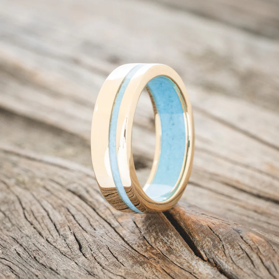 "VERTIGO" - TURQUOISE LINED & INLAID WEDDING RING - 14K YELLOW GOLD (6MM) - SIZE 10 3/4-Staghead Designs