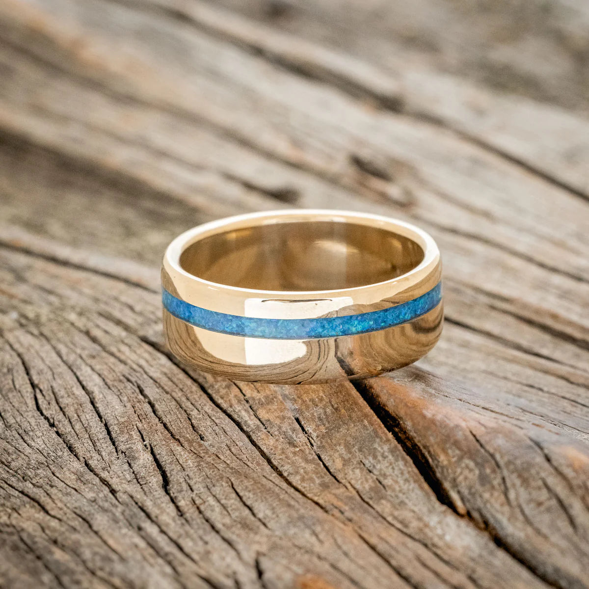 "Vertigo" - Blue Opal Inlay Wedding Ring - 14K Yellow Gold (8mm) - Size 8