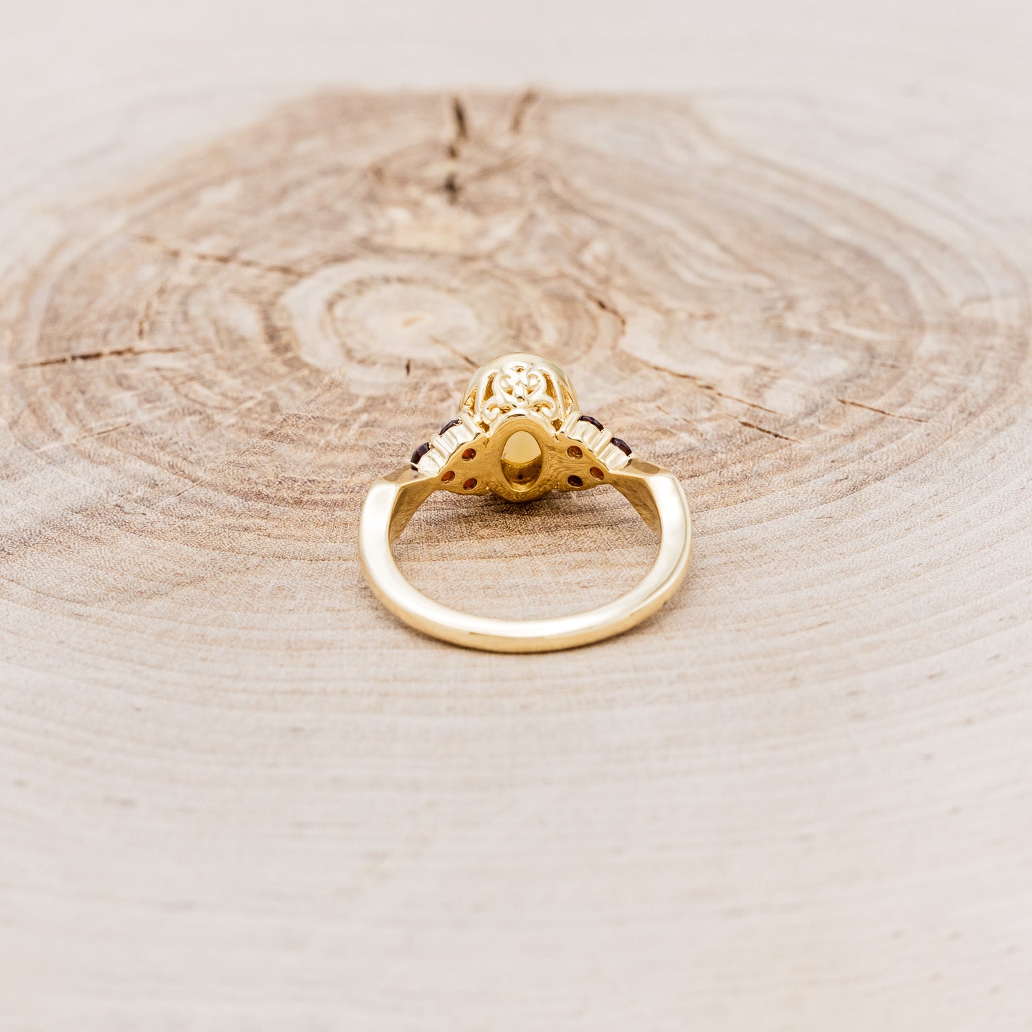 "AGATHA" - BEZEL SET OVAL CABOCHON CUT WHITE OPAL ENGAGEMENT RING WITH GARNET ACCENTS AND FIRE & ICE OPAL INLAYS-Staghead Designs