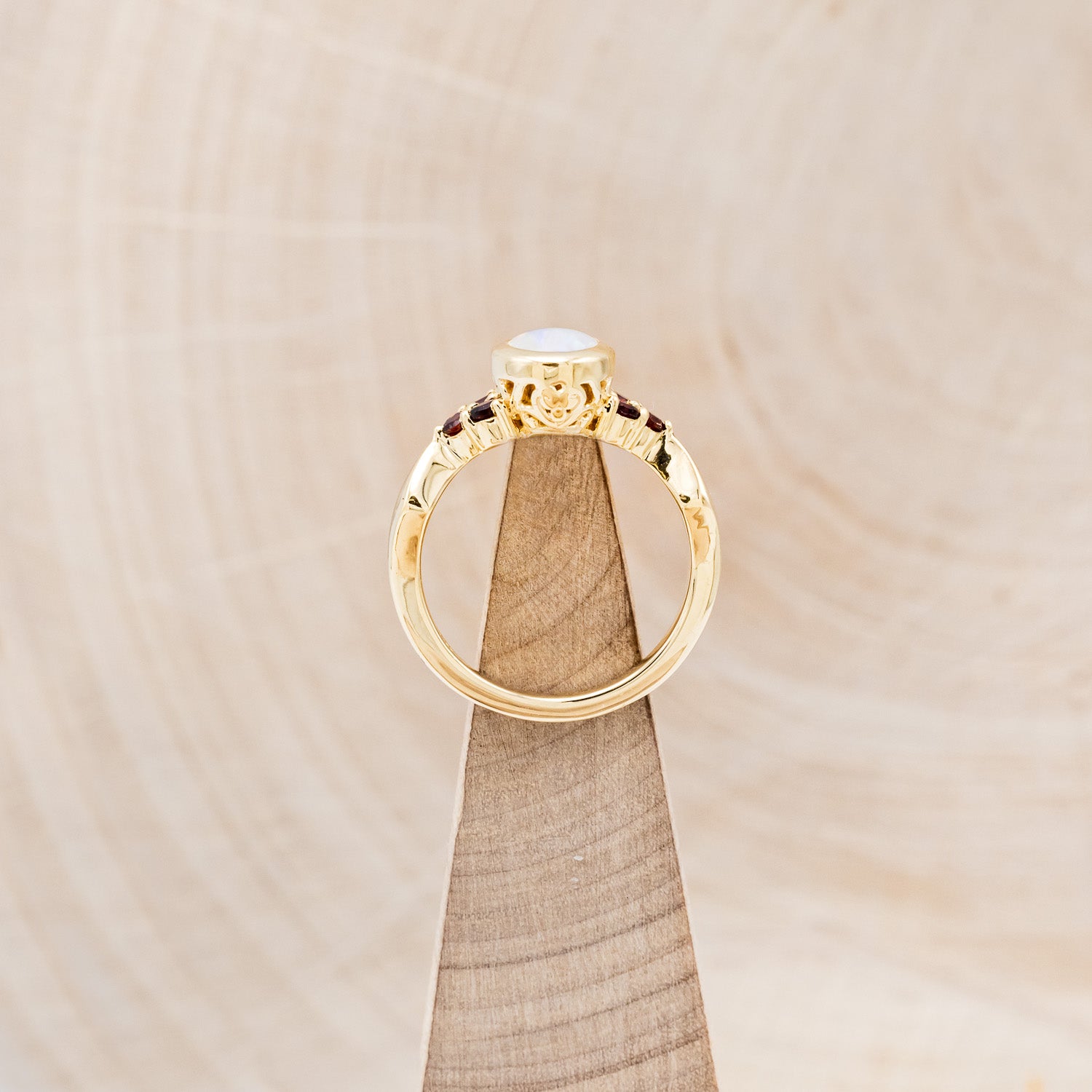 "AGATHA" - BEZEL SET OVAL CABOCHON CUT WHITE OPAL ENGAGEMENT RING WITH GARNET ACCENTS AND FIRE & ICE OPAL INLAYS-Staghead Designs